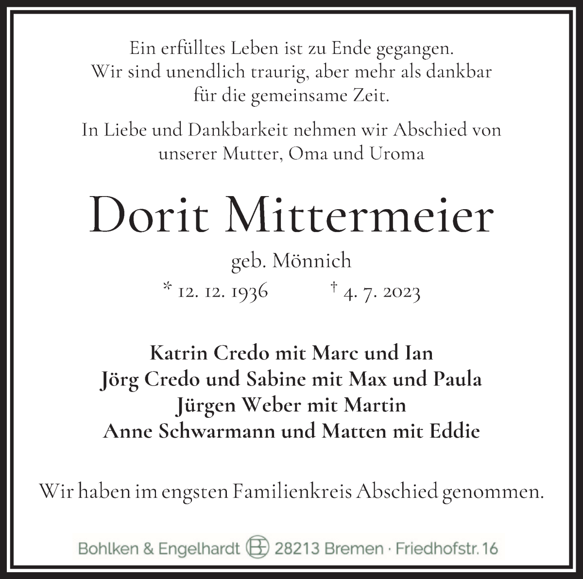 Traueranzeige von Dorit Mittermeier von WESER-KURIER