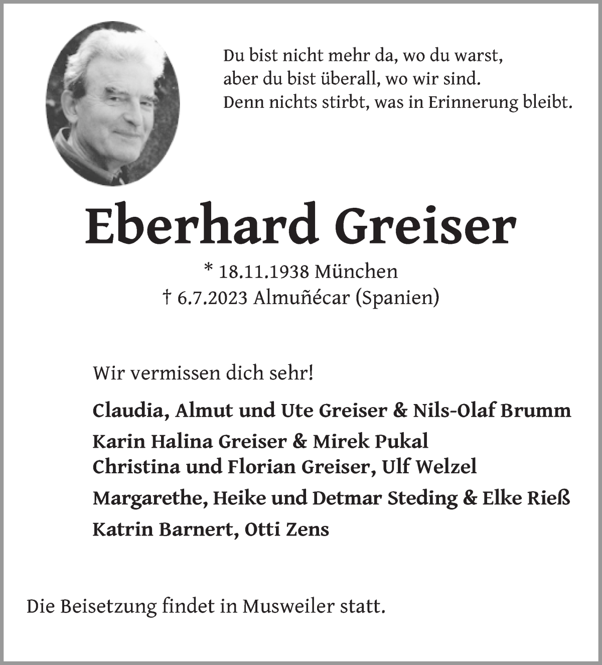 Traueranzeige von Eberhard Greiser von WESER-KURIER