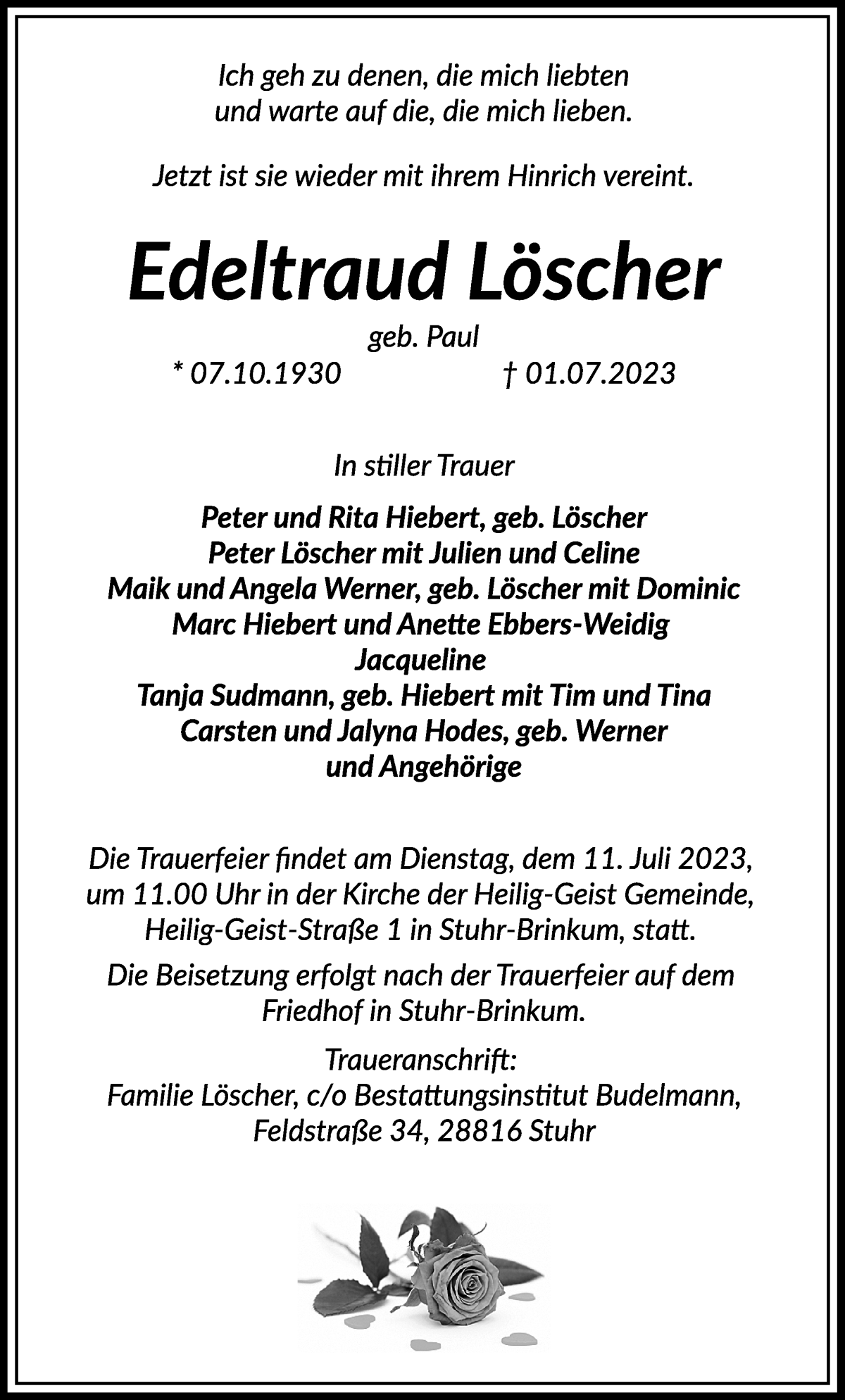 Traueranzeige von Edeltraud Löscher von Regionale Rundschau/Syker Kurier