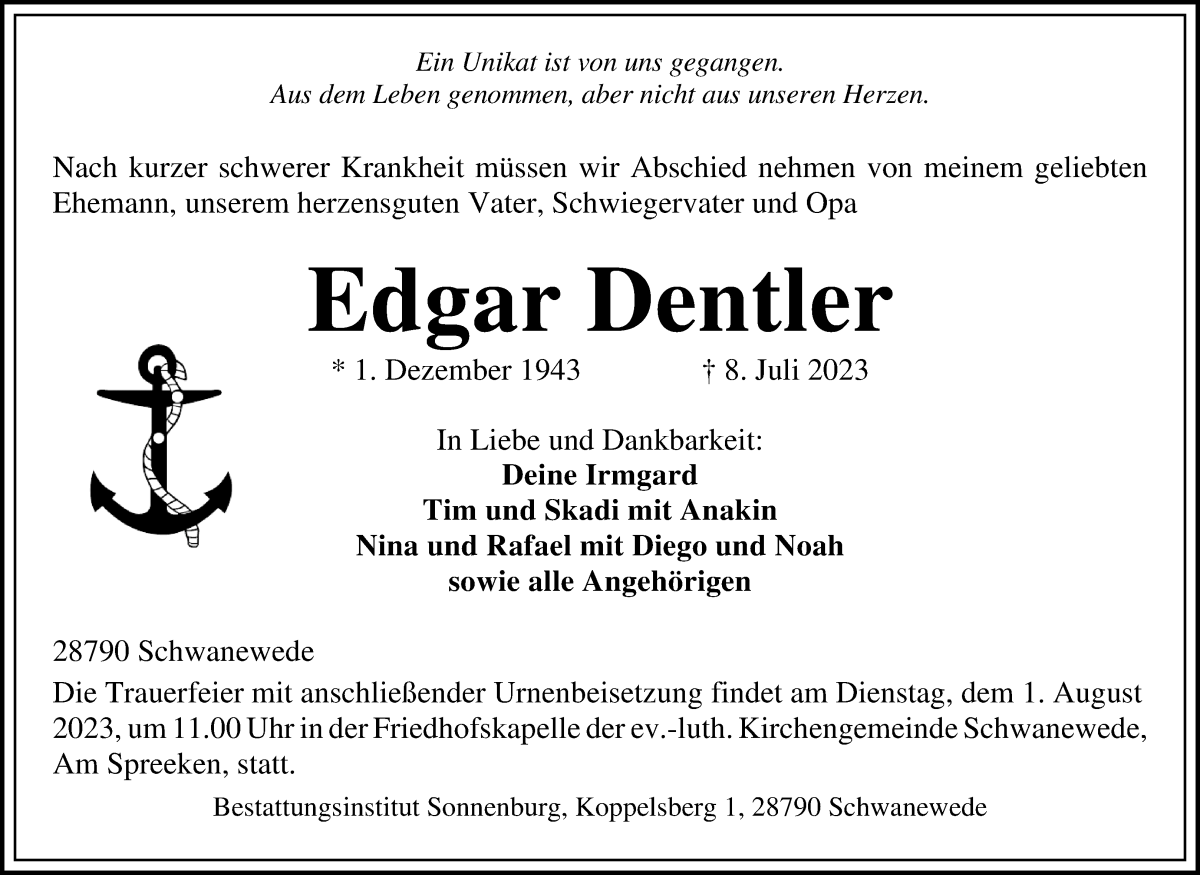 Traueranzeige von Edgar Dentler von Die Norddeutsche