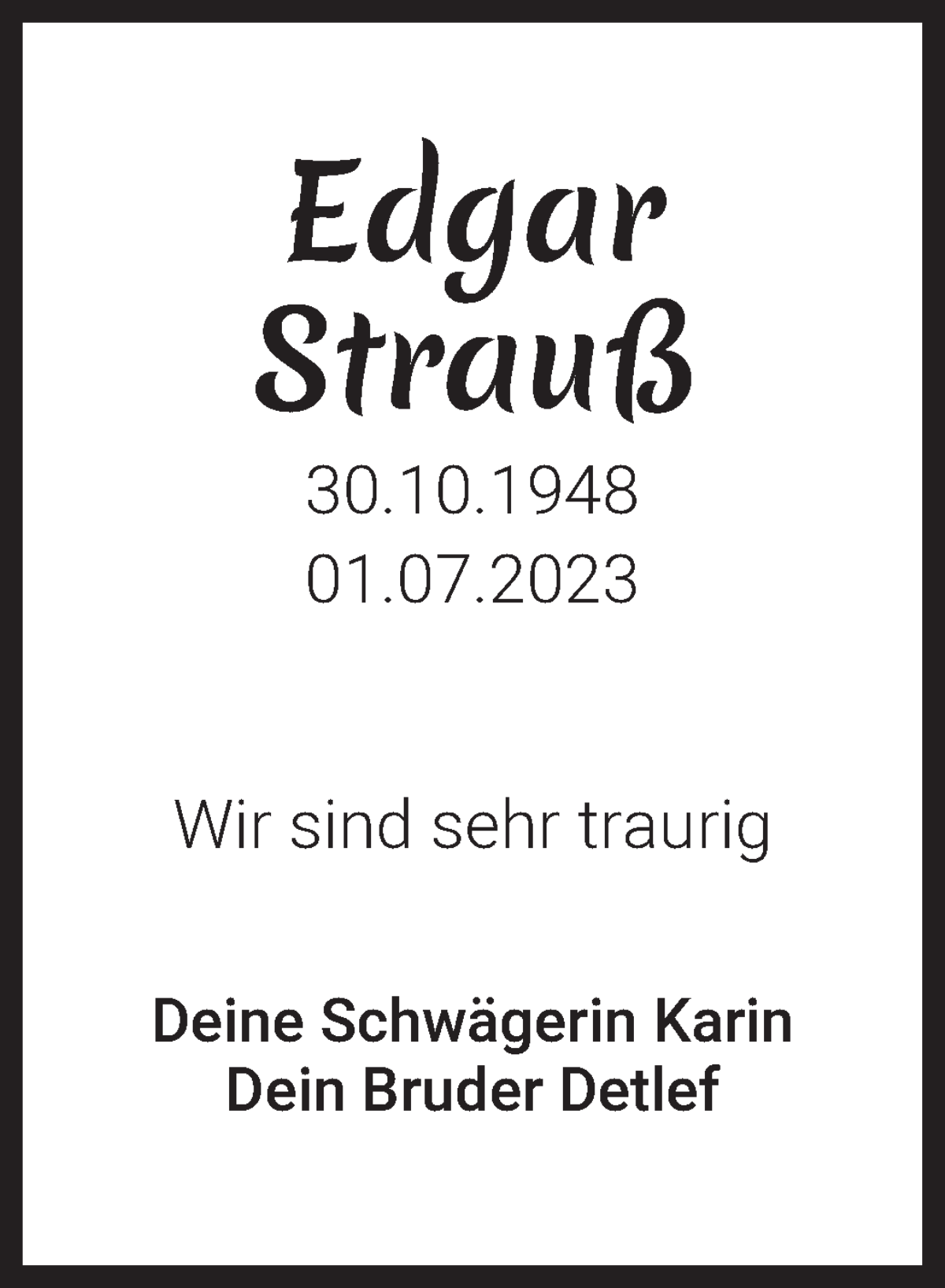 Traueranzeige von Edgar Strauß von WESER-KURIER
