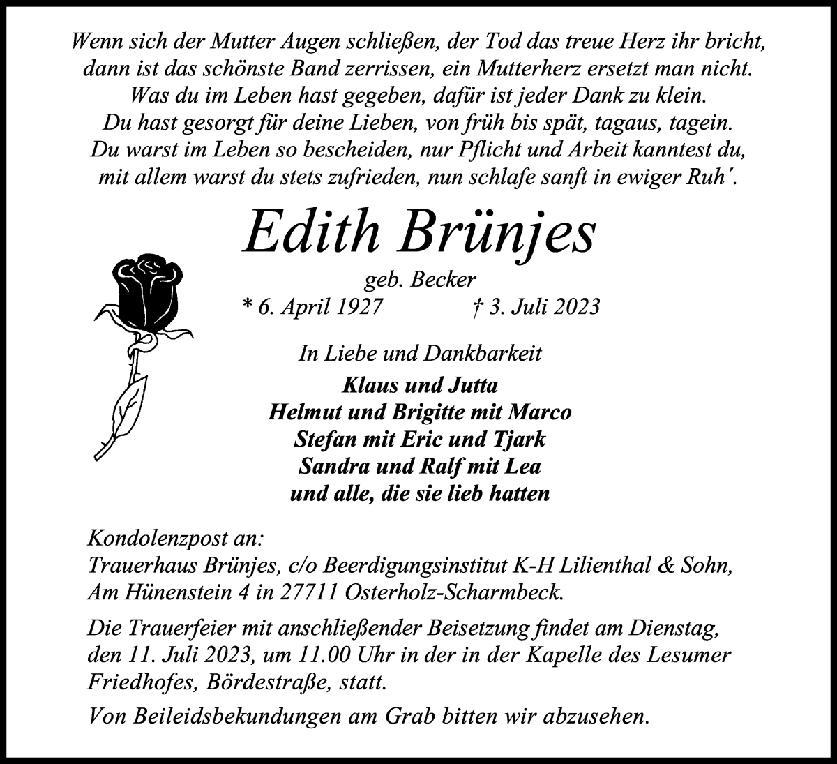 Traueranzeige von Edith Brünjes von Osterholzer Kreisblatt