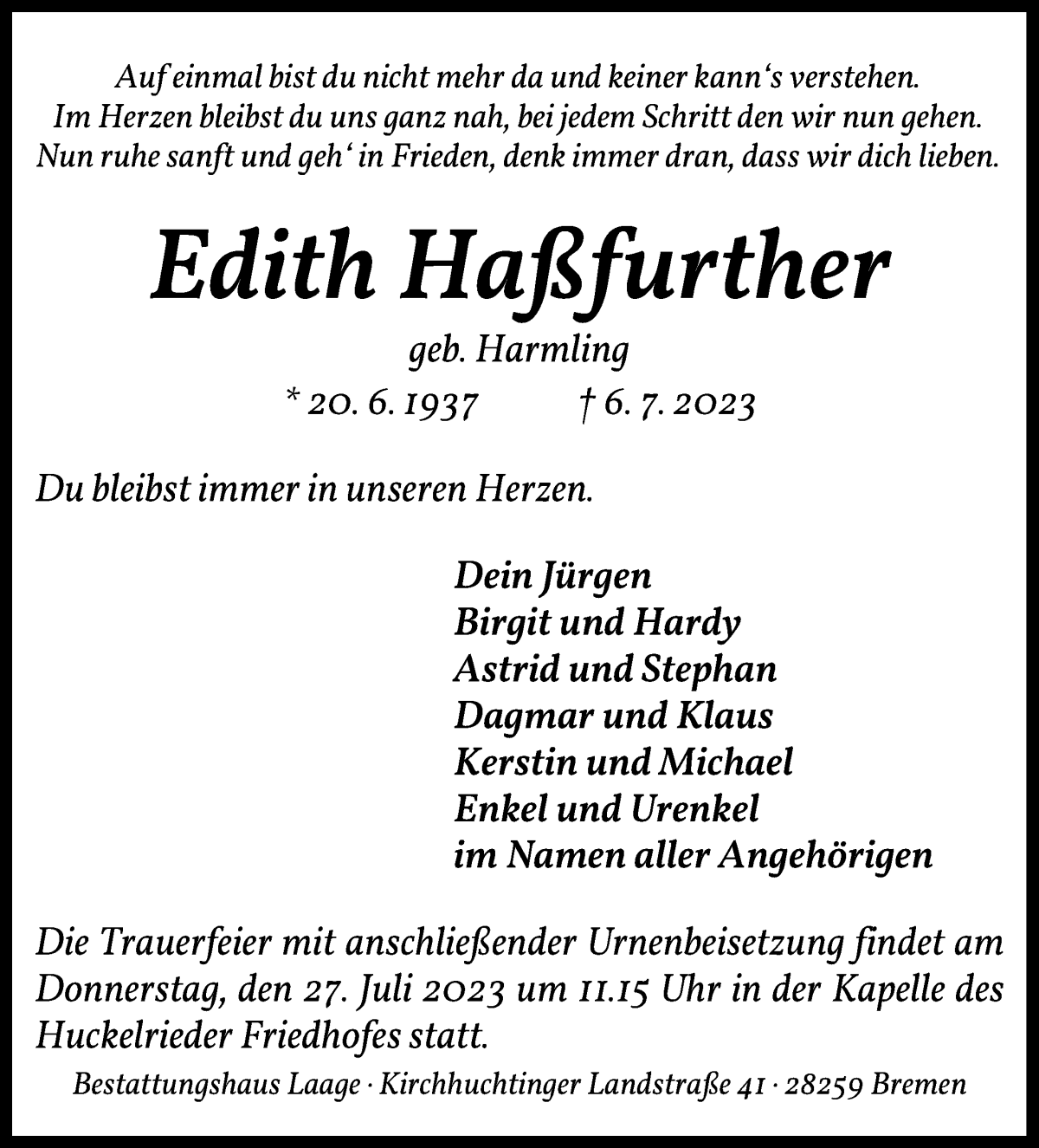 Traueranzeige von Edith Haßfurther von WESER-KURIER