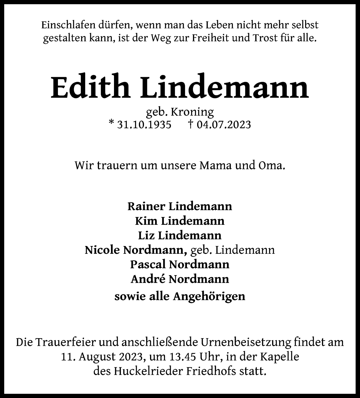Traueranzeige von Edith Lindemann von WESER-KURIER