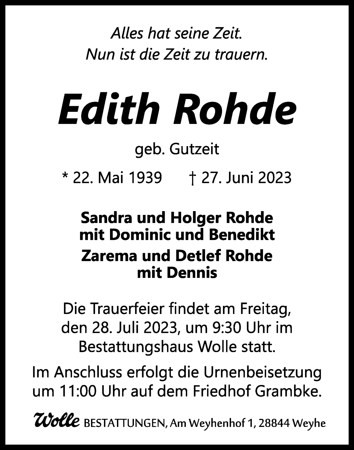 Traueranzeige von Edith Rohde von WESER-KURIER
