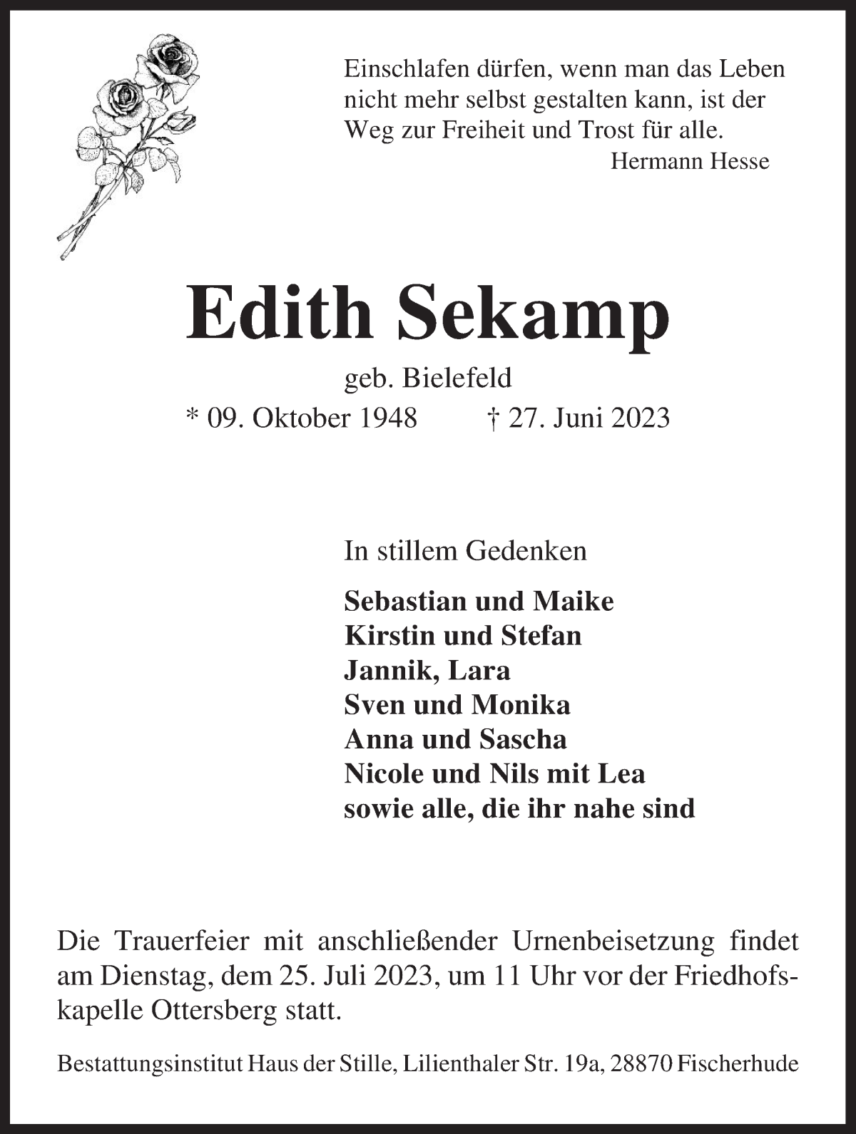 Traueranzeige von Edith Sekamp von Achimer Kurier/Verdener Nachrichten
