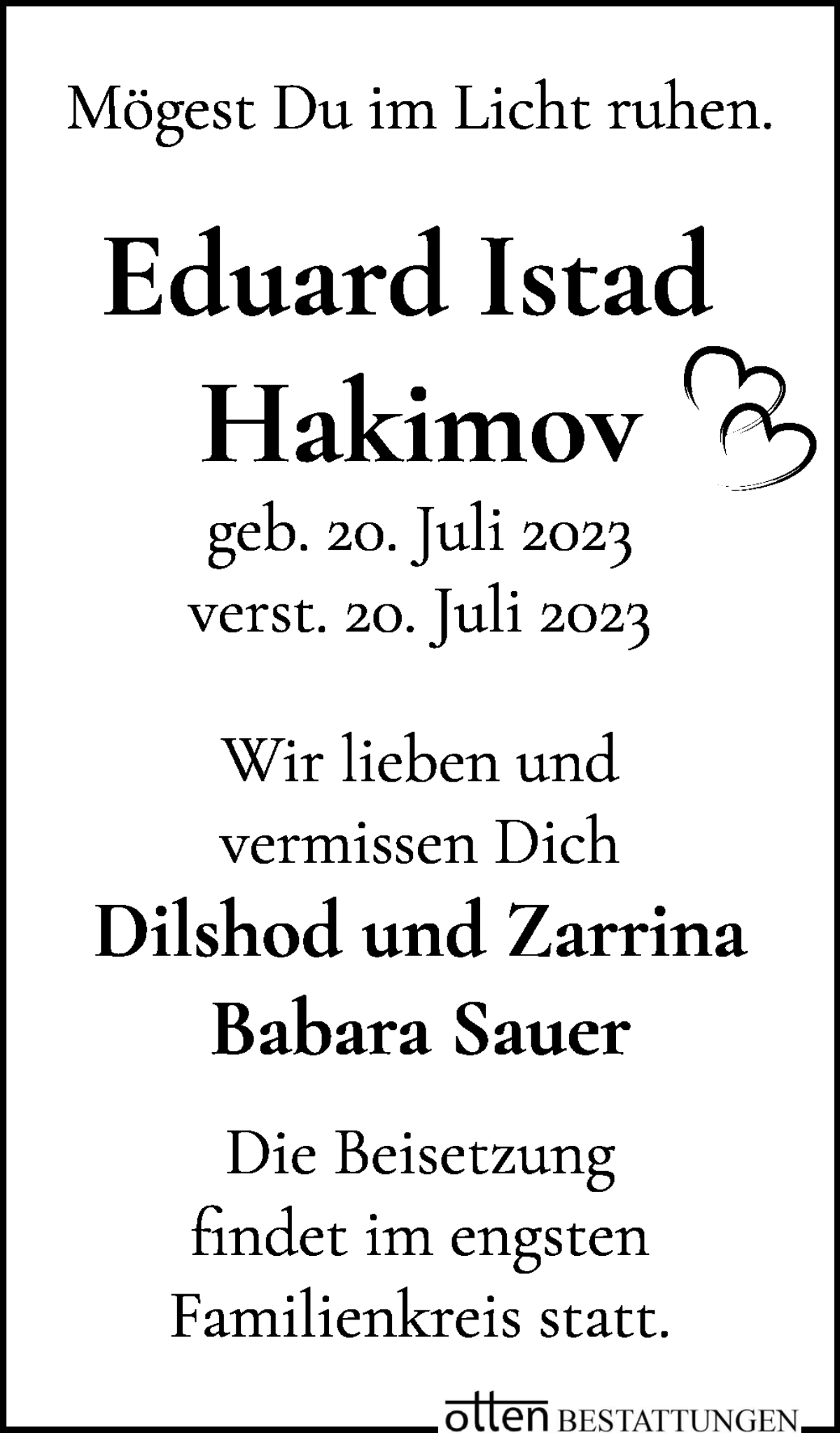 Traueranzeige von Eduard Istad Hakimov von Osterholzer Kreisblatt