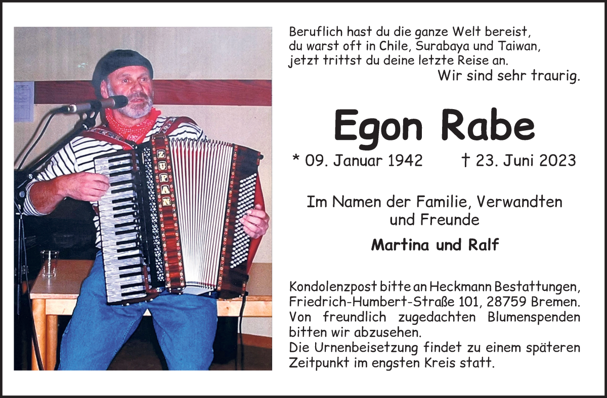 Traueranzeige von Egon Rabe von Die Norddeutsche