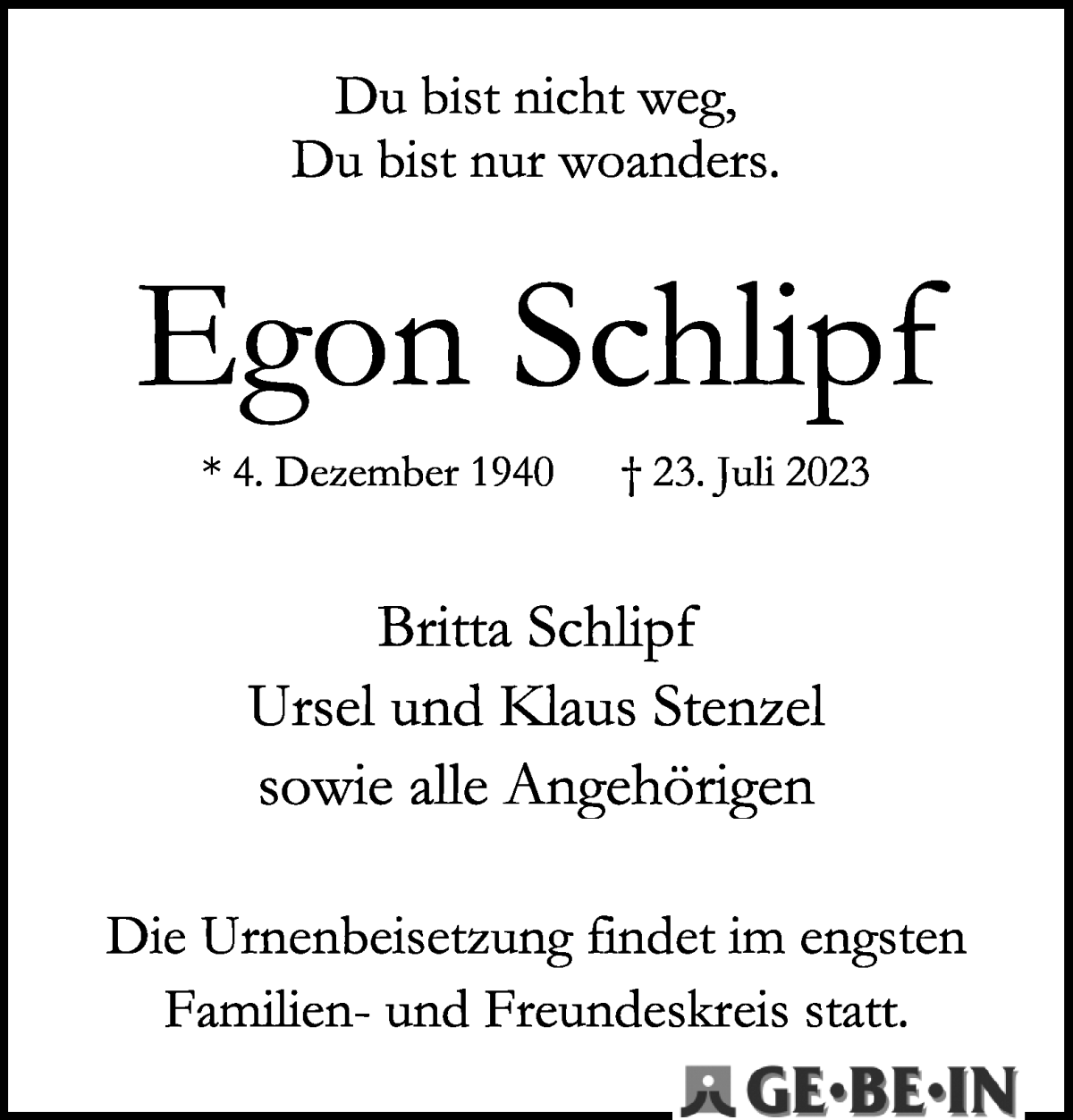 Traueranzeige von Egon Schlipf von WESER-KURIER