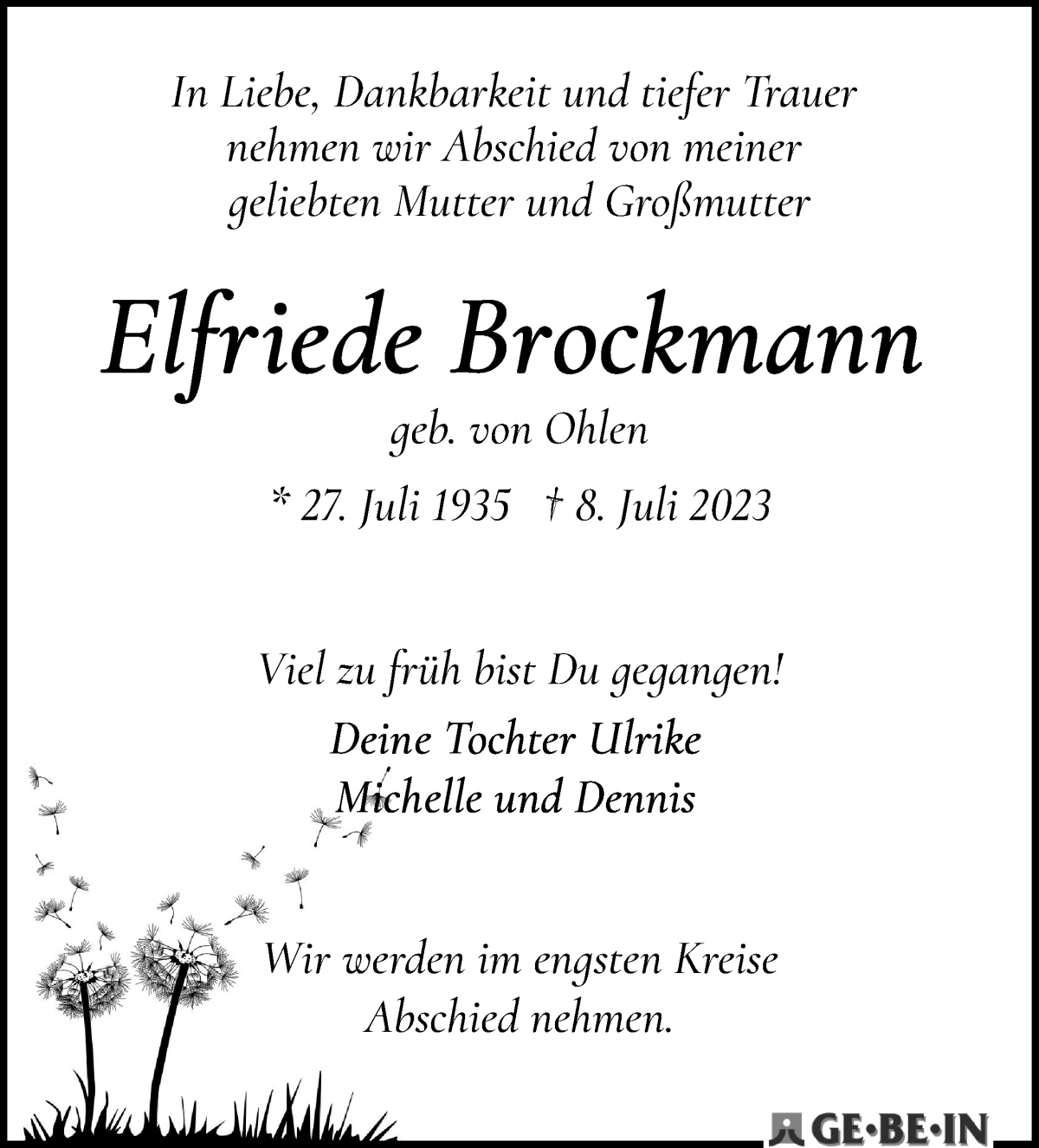 Traueranzeige von Elfriede Brockmann von WESER-KURIER