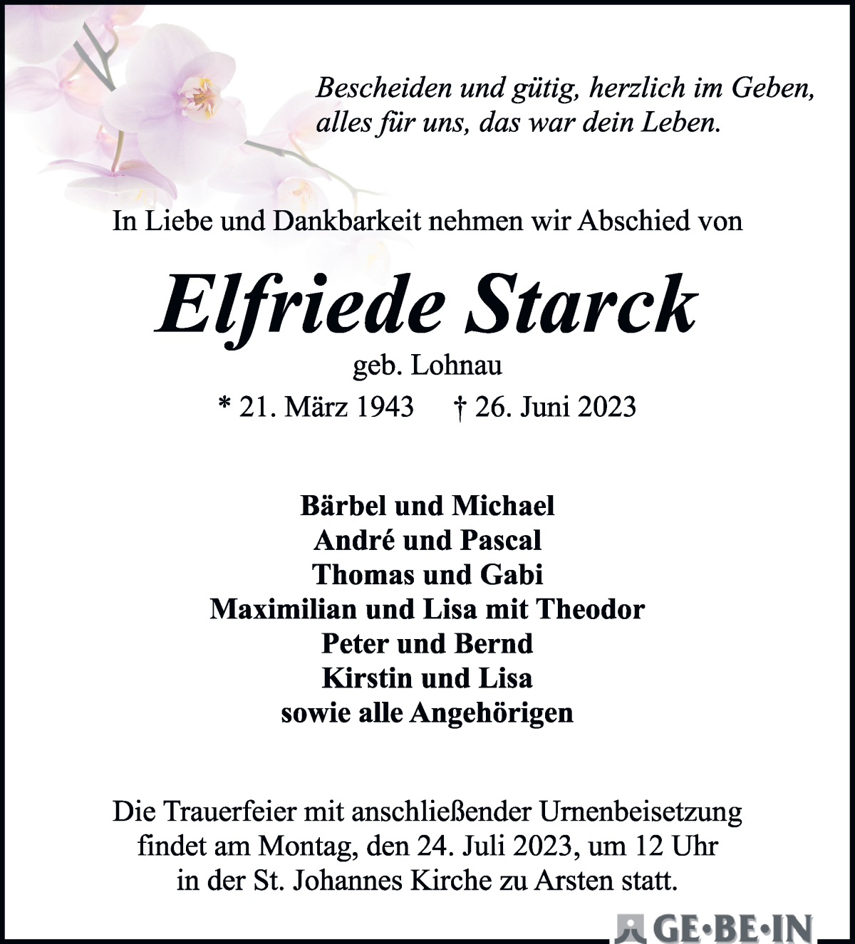 Traueranzeige von Elfriede Starck von WESER-KURIER