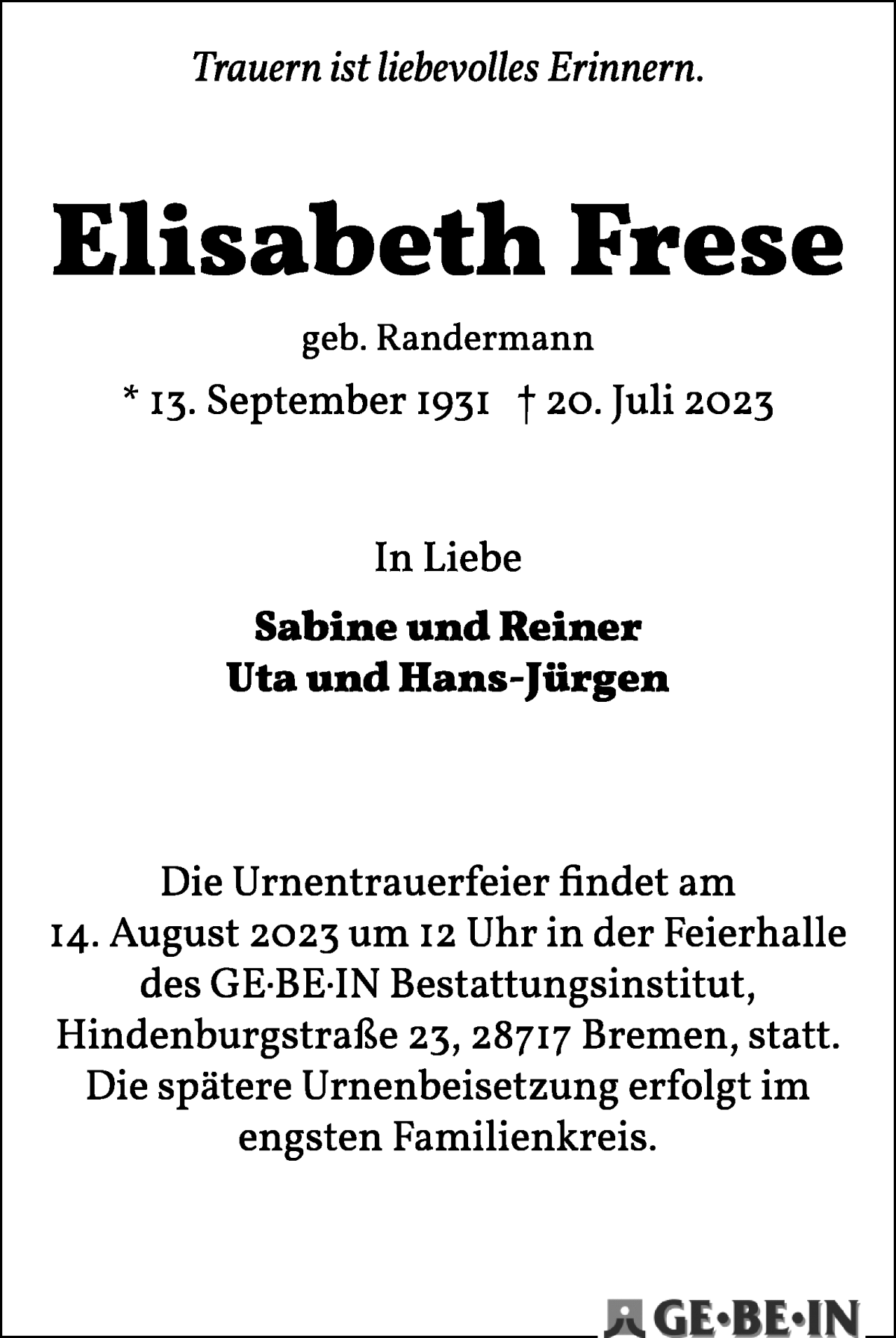 Traueranzeige von Elisabeth Frese von WESER-KURIER