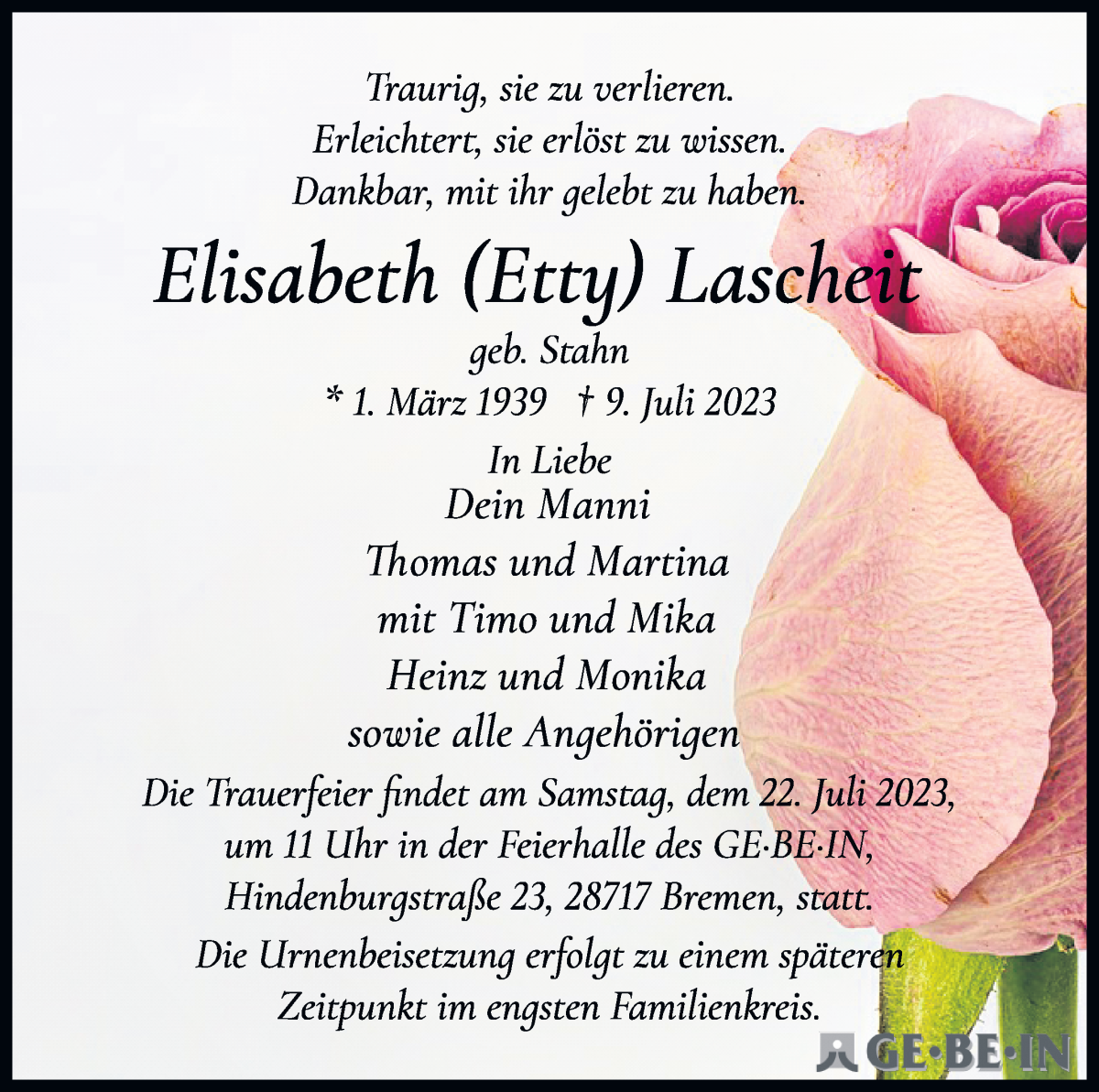 Traueranzeige von Elisabeth Lascheit von Osterholzer Kreisblatt