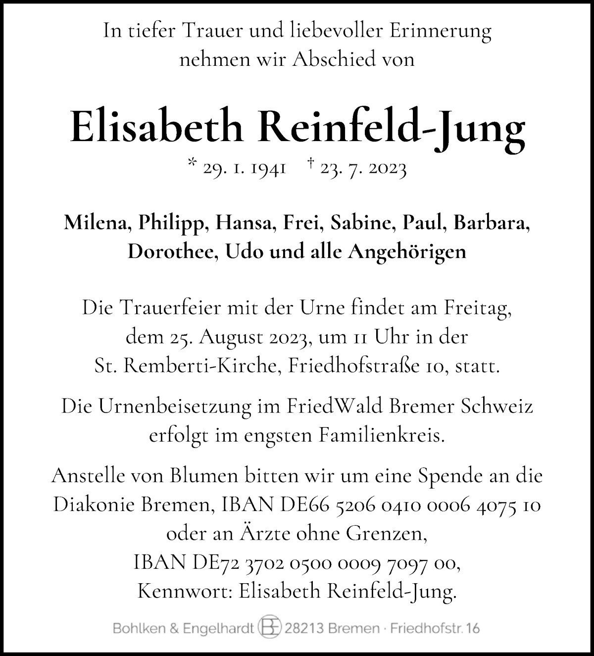 Traueranzeige von Elisabeth Reinfeld-Jung von WESER-KURIER