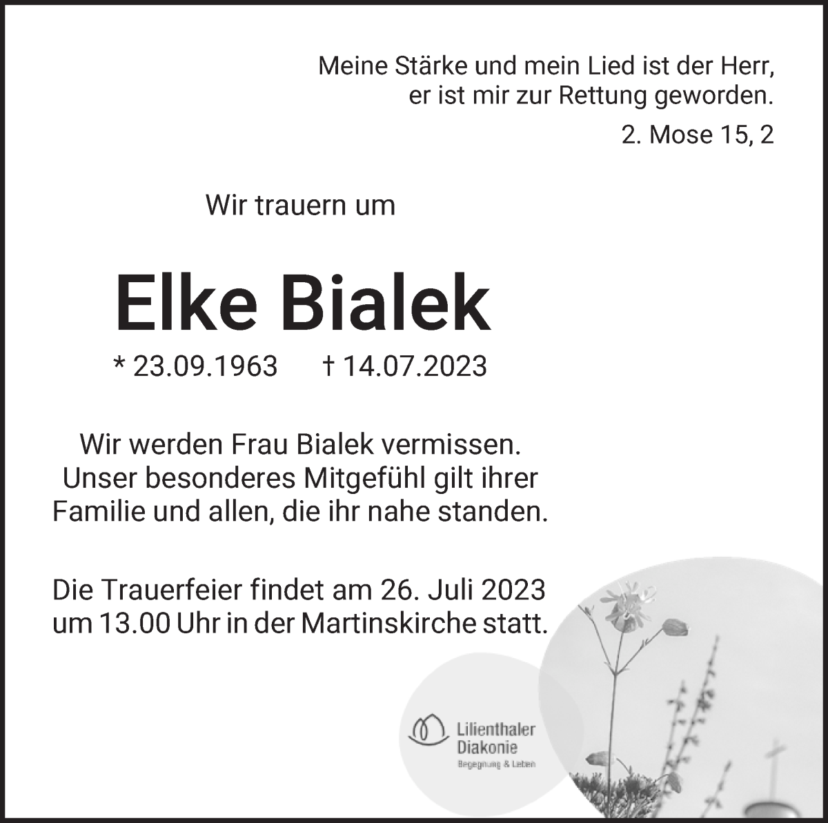 Traueranzeige von Elke Bialek von Wuemme Zeitung