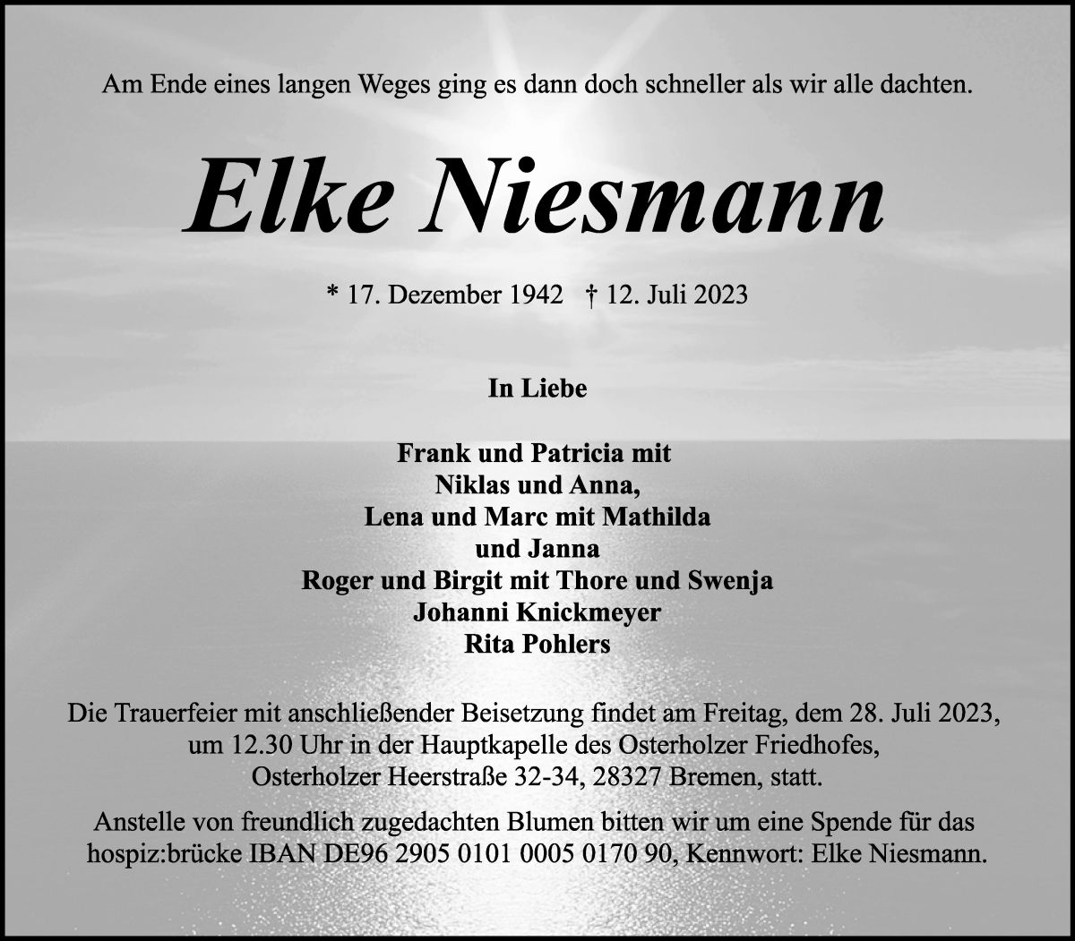 Traueranzeige von Elke Niesmann von WESER-KURIER