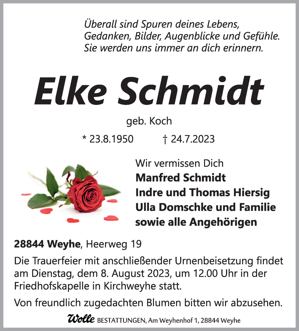 Traueranzeige von Elke Schmidt von WESER-KURIER