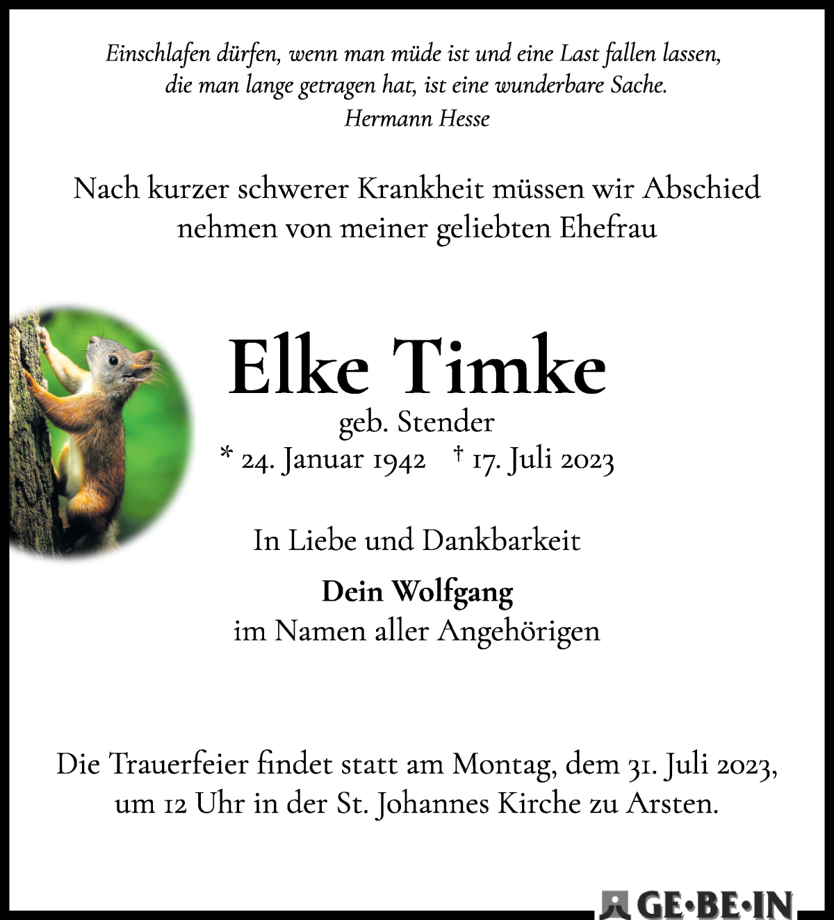Traueranzeige von Elke Timke von WESER-KURIER