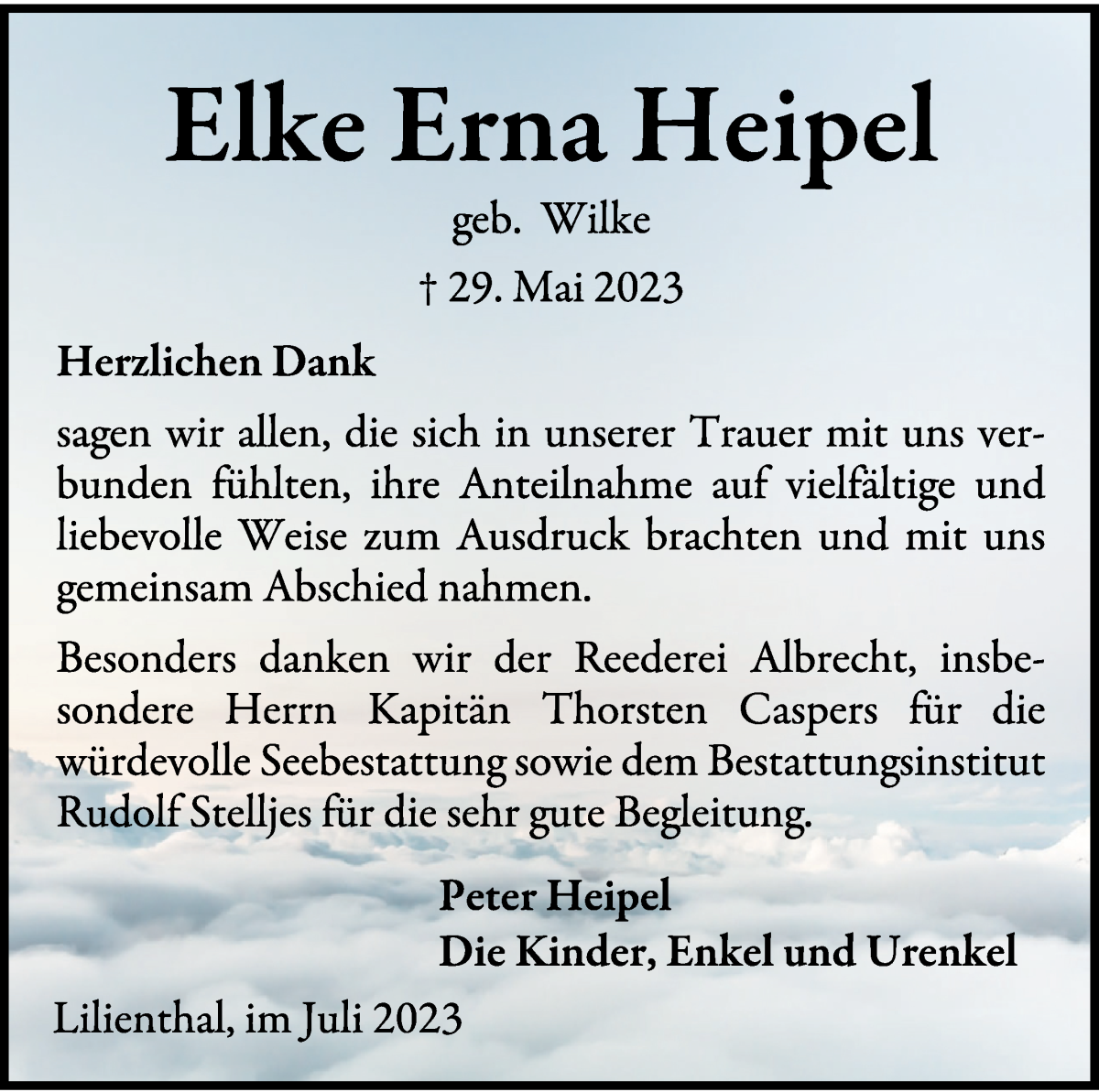 Traueranzeige von Elke Erna Heipel von Wuemme Zeitung