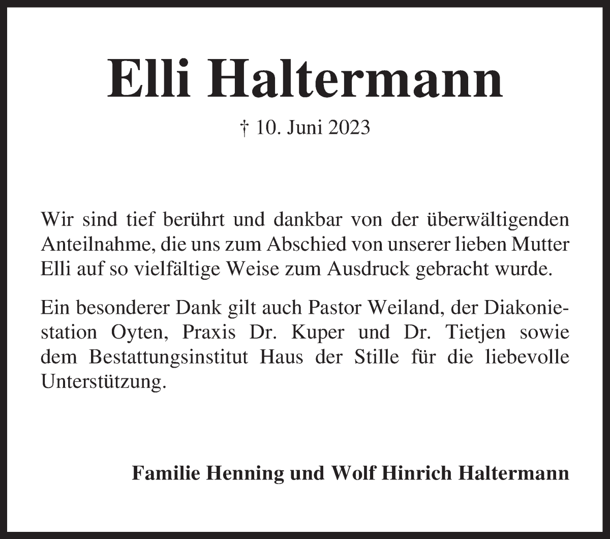 Traueranzeige von Elli Haltermann von Achimer Kurier/Verdener Nachrichten