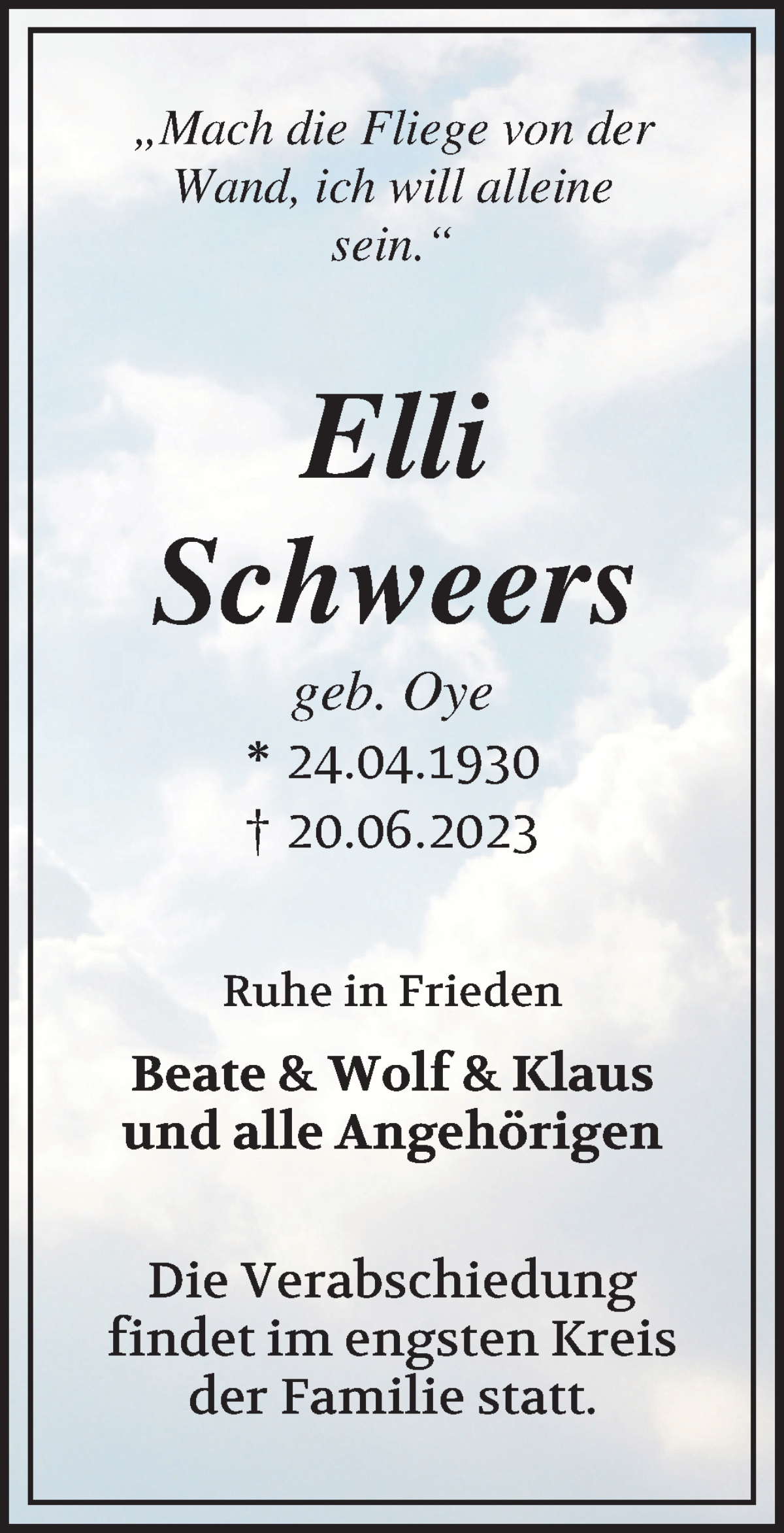 Traueranzeige von Elli Schweers von WESER-KURIER
