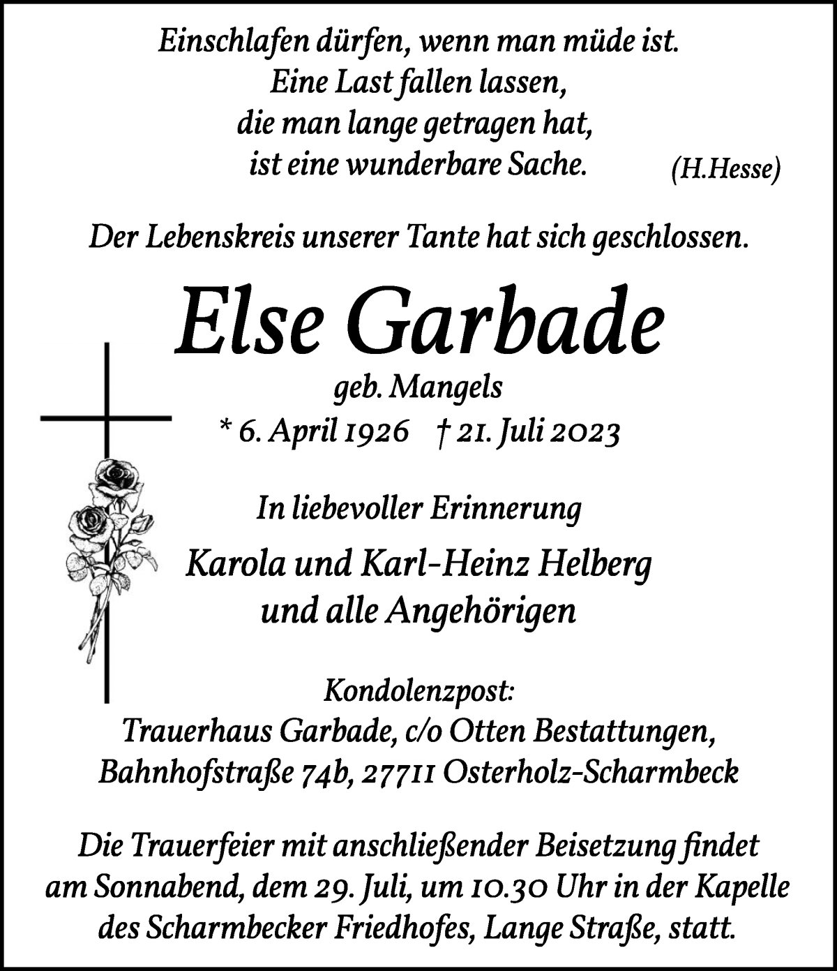 Traueranzeige von Else Garbade von Osterholzer Kreisblatt