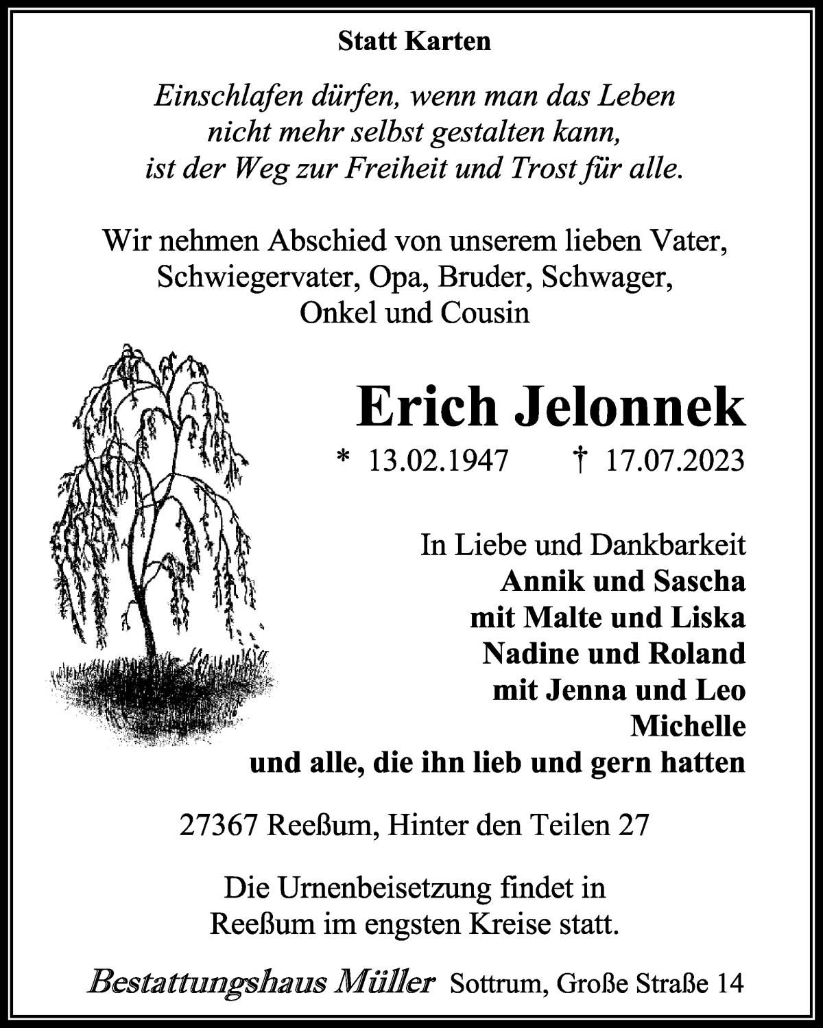 Traueranzeige von Erich Jelonnek von WESER-KURIER