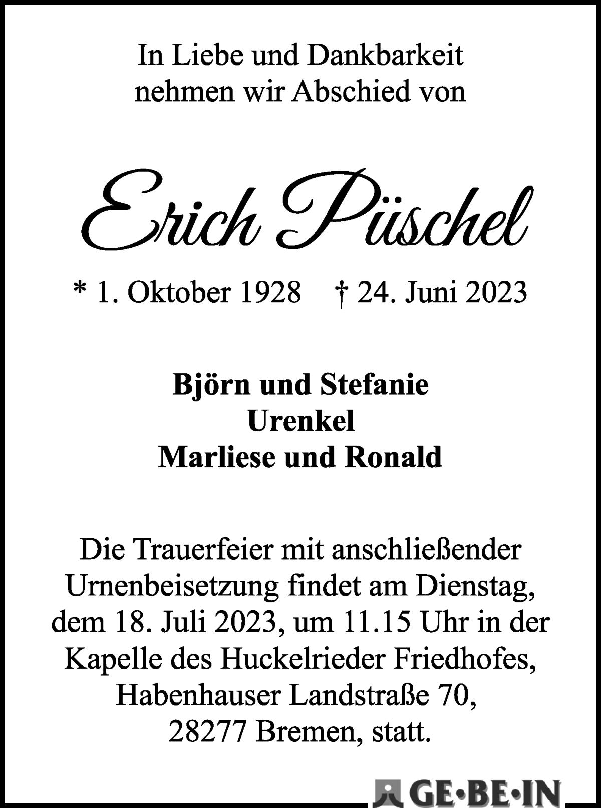 Traueranzeige von Erich Püschel von WESER-KURIER