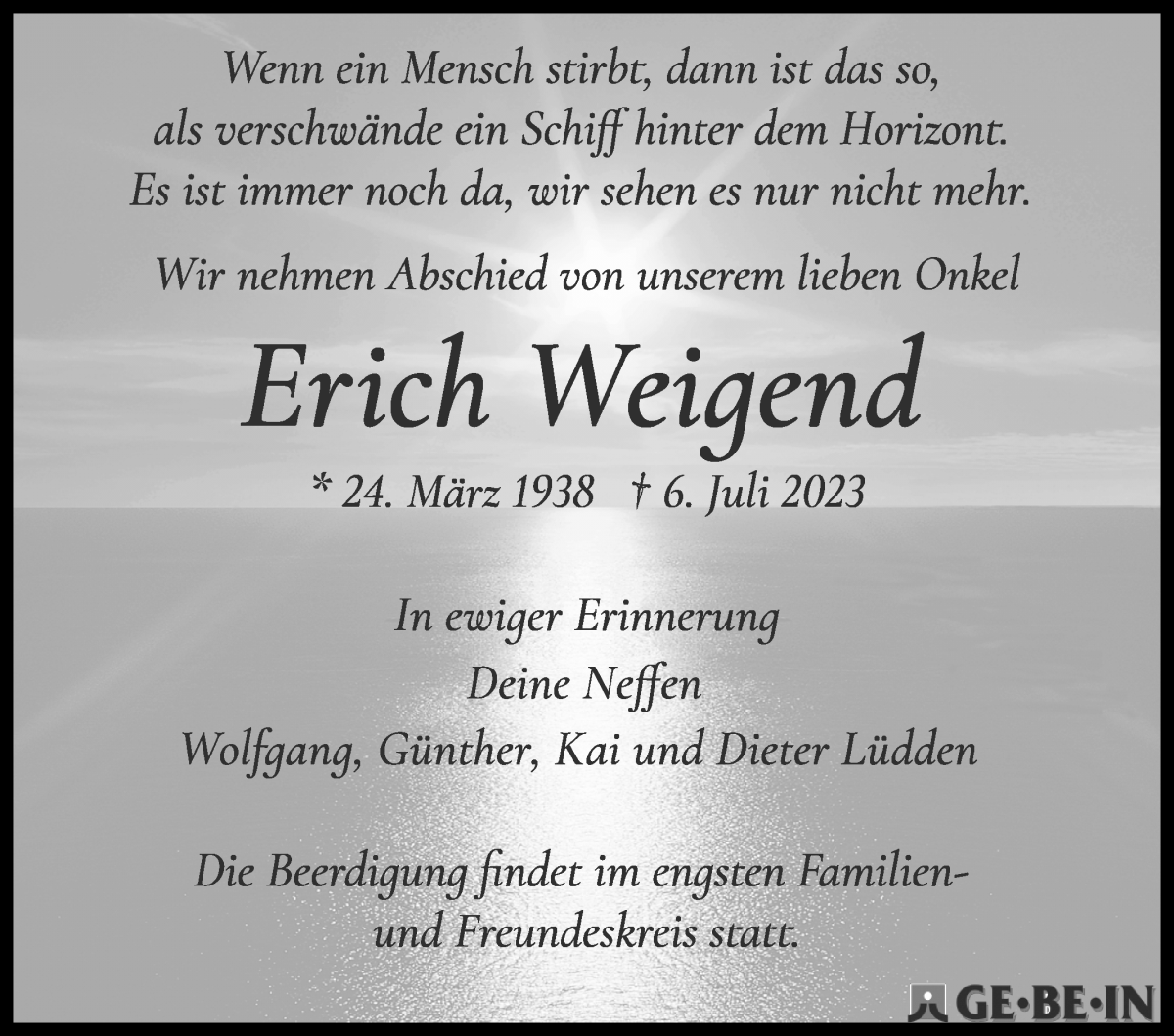 Traueranzeige von Erich Weigend von WESER-KURIER