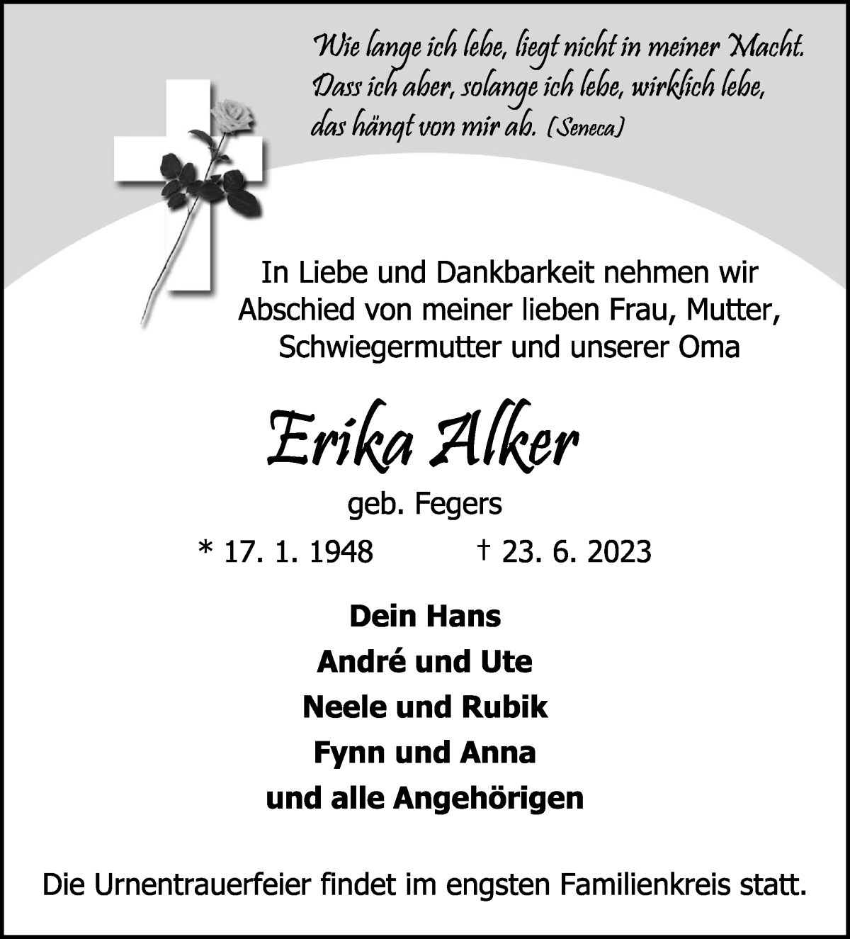 Traueranzeige von Erika Alker von Die Norddeutsche