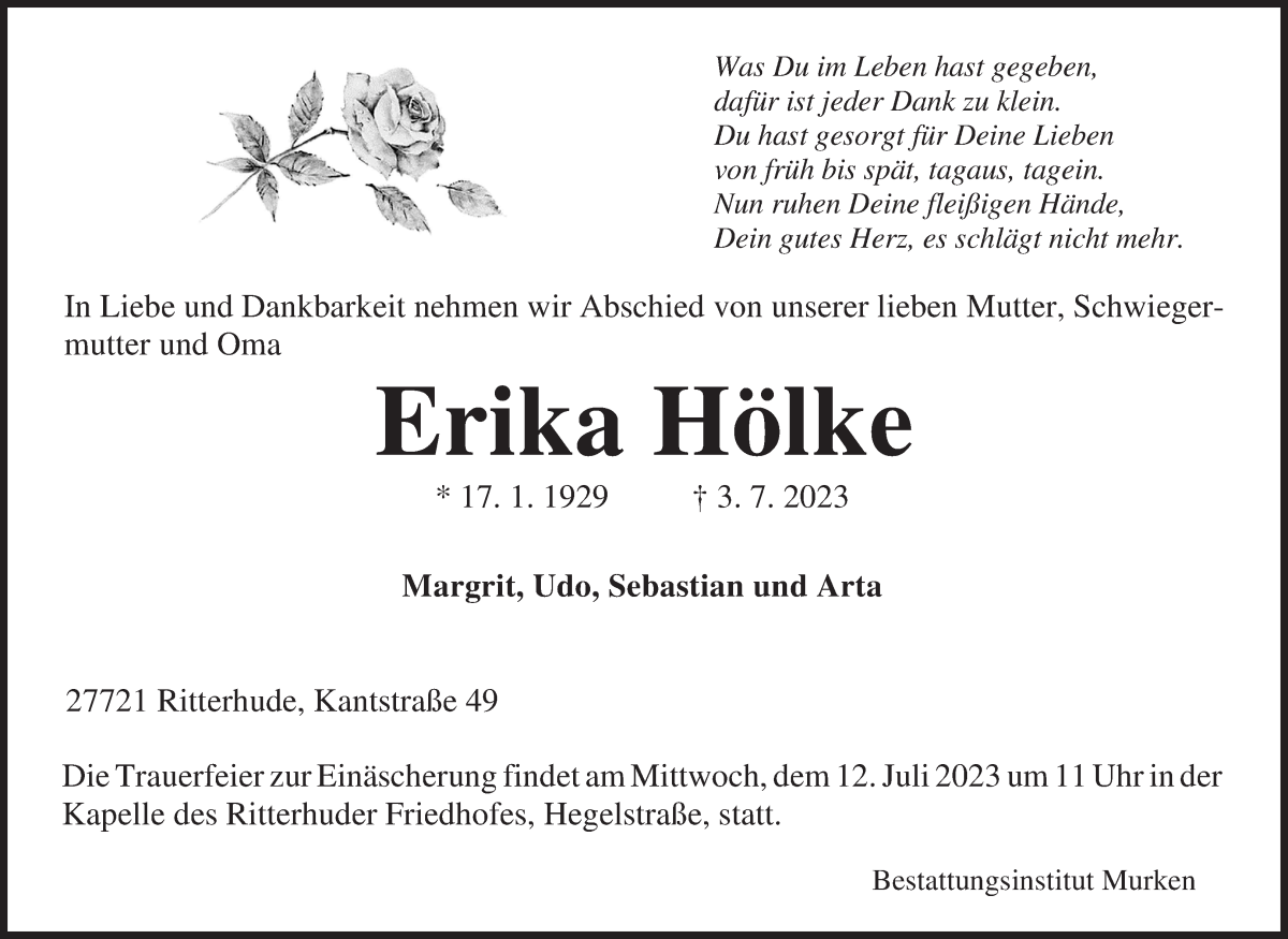 Traueranzeige von Erika Hölke von Osterholzer Kreisblatt