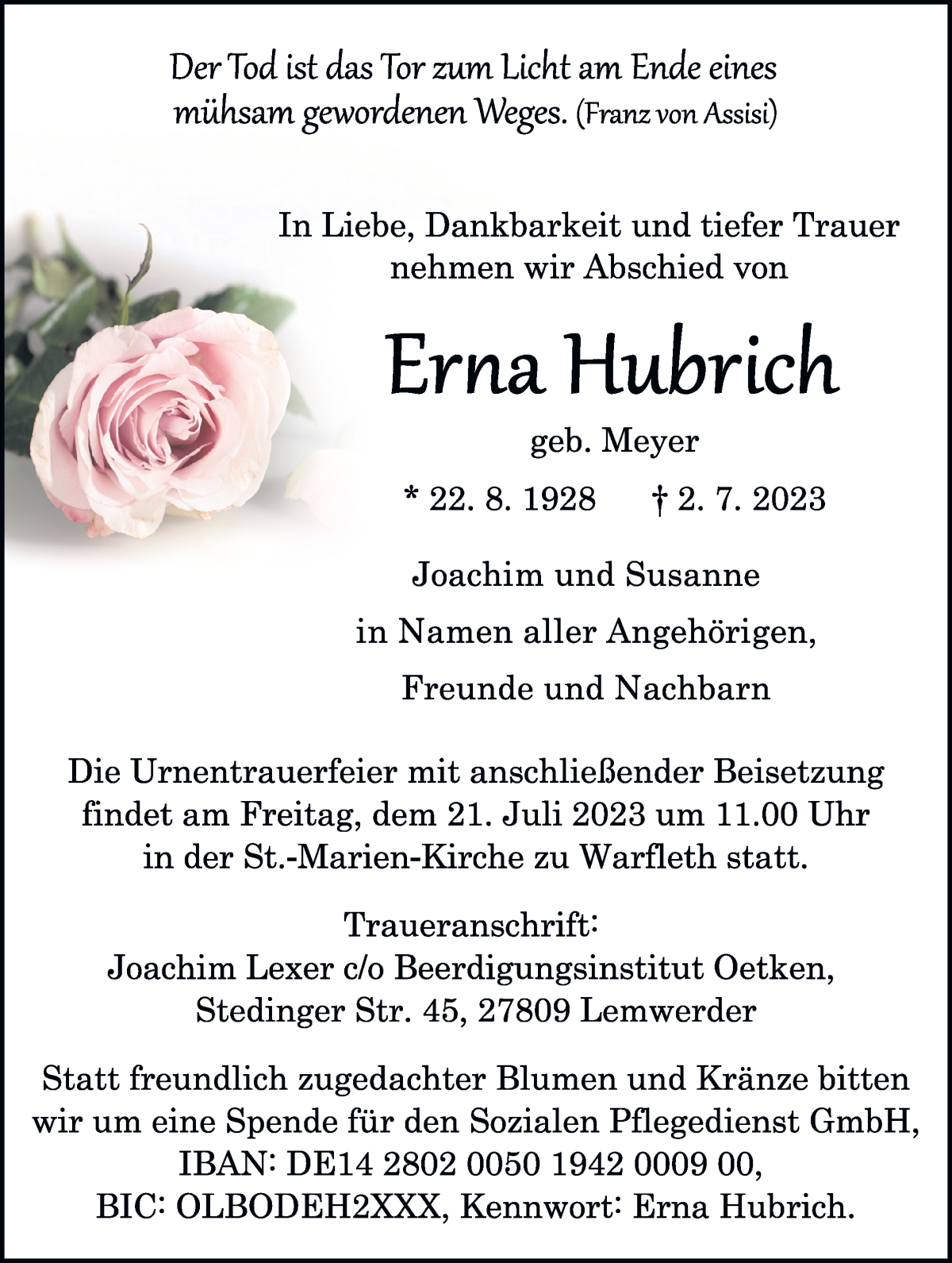 Traueranzeige von Erna Hubrich von Die Norddeutsche