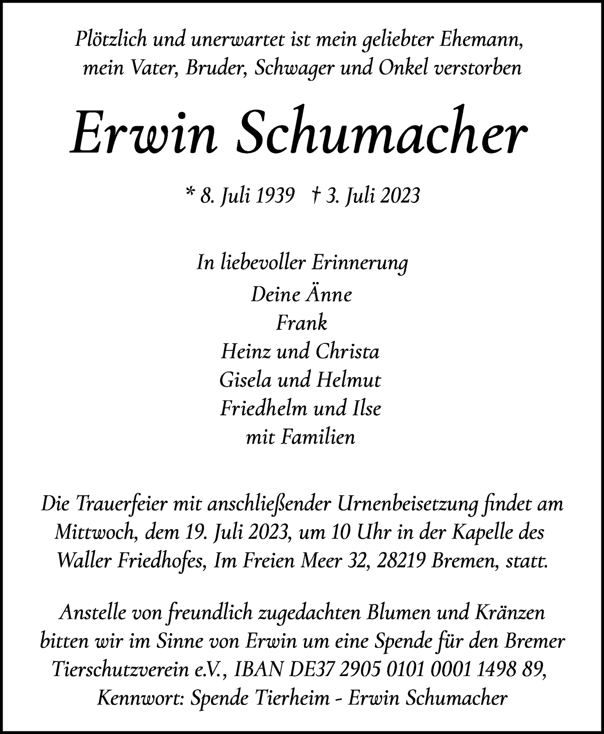 Traueranzeige von Erwin Schumacher von WESER-KURIER