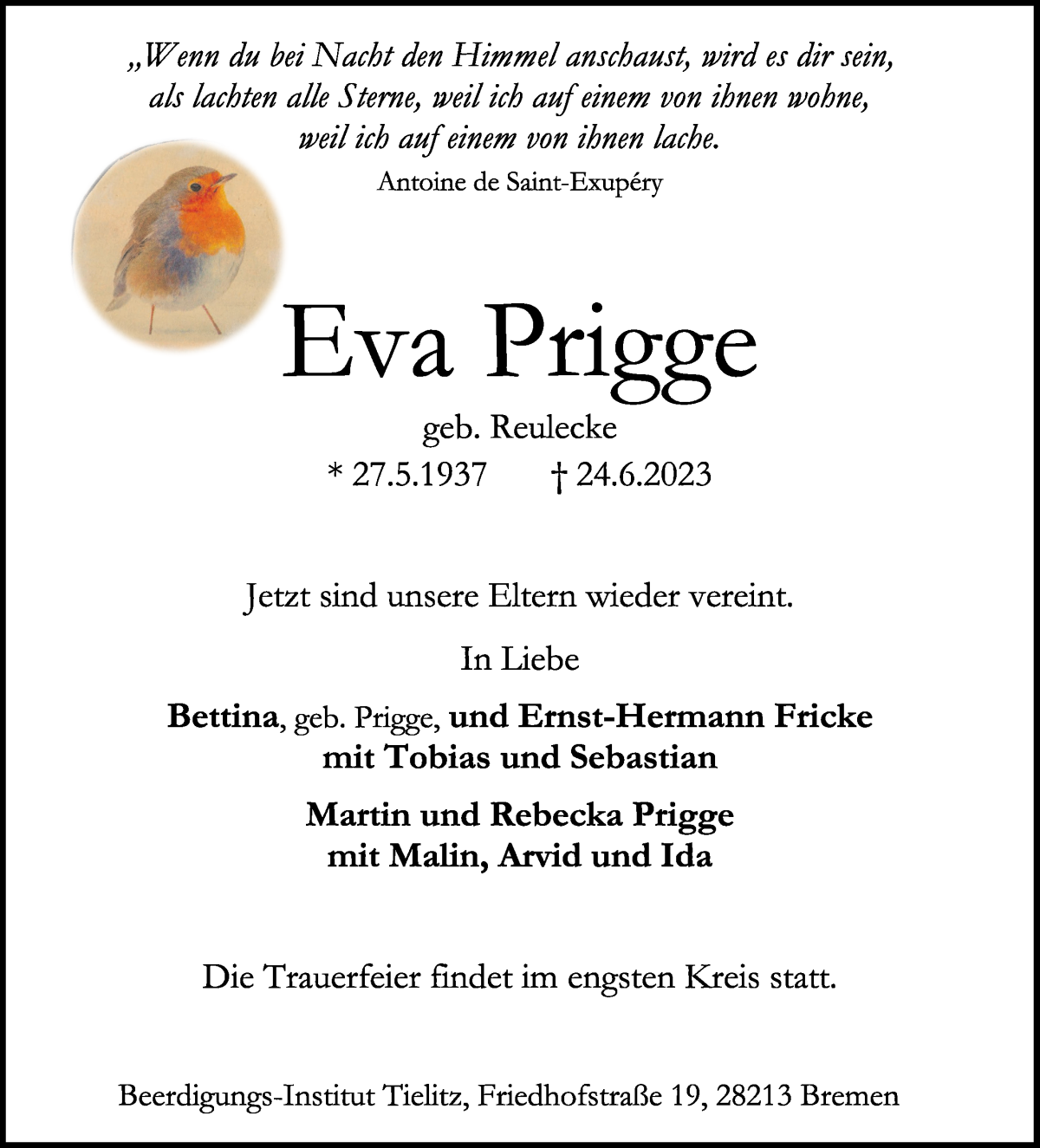Traueranzeige von Eva Prigge von WESER-KURIER