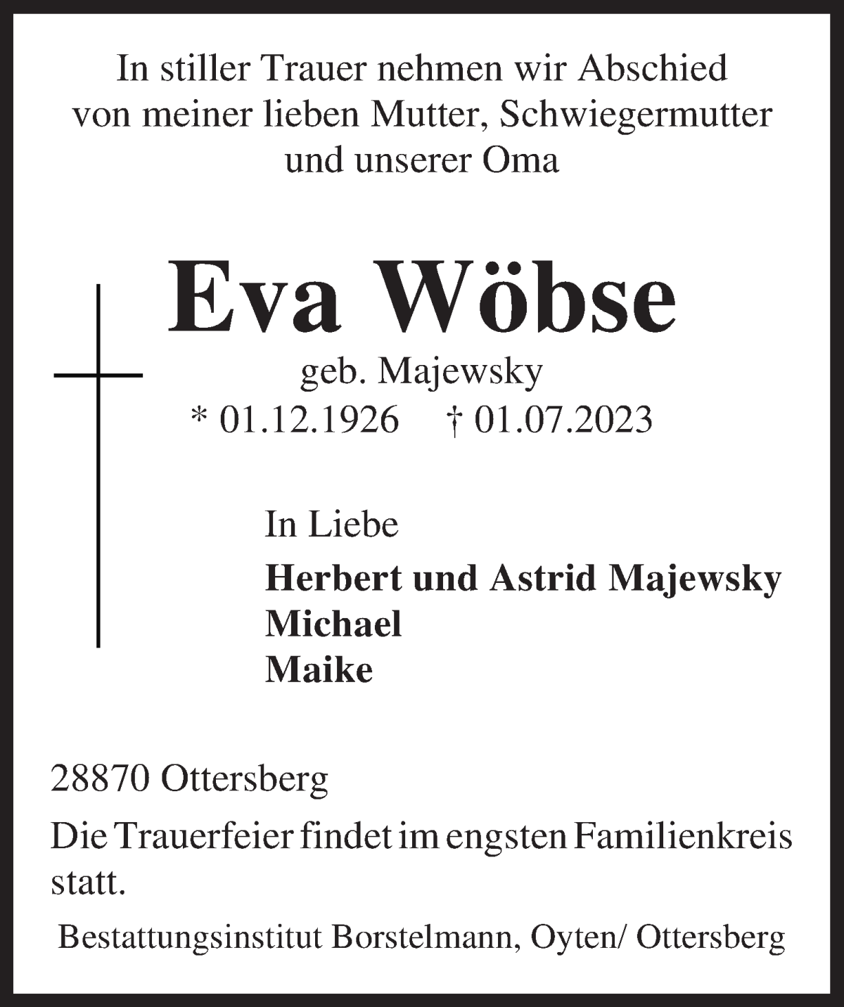 Traueranzeige von Eva Wöbse von WESER-KURIER