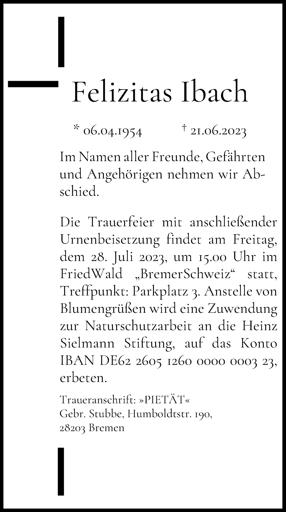 Traueranzeige von Felizitas Ibach von WESER-KURIER