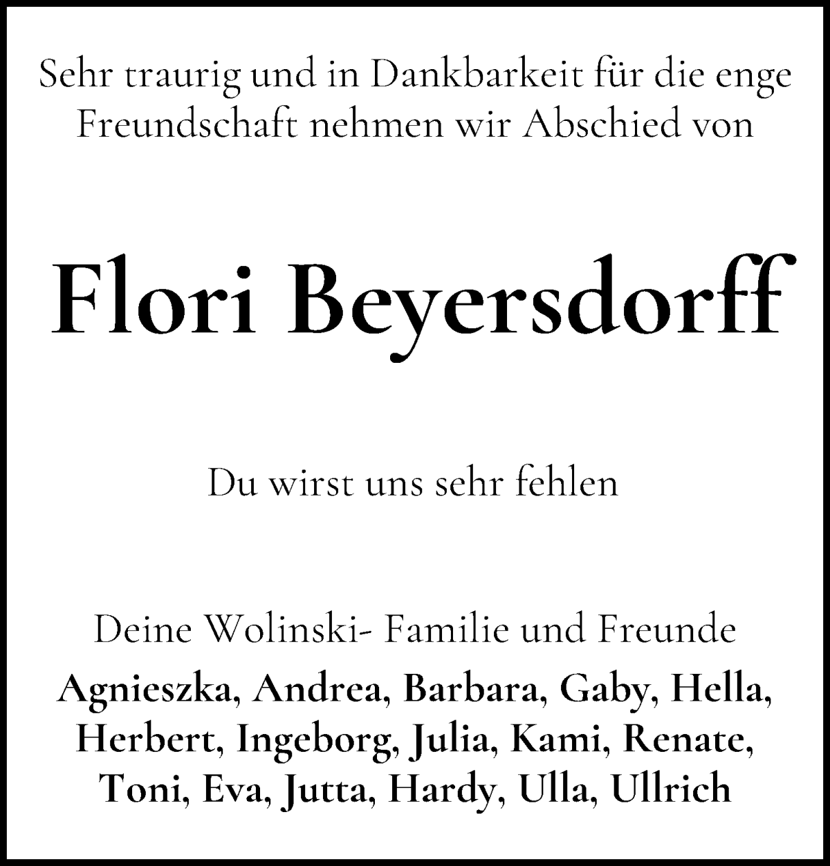 Traueranzeige von Florentine Beyersdorff von WESER-KURIER