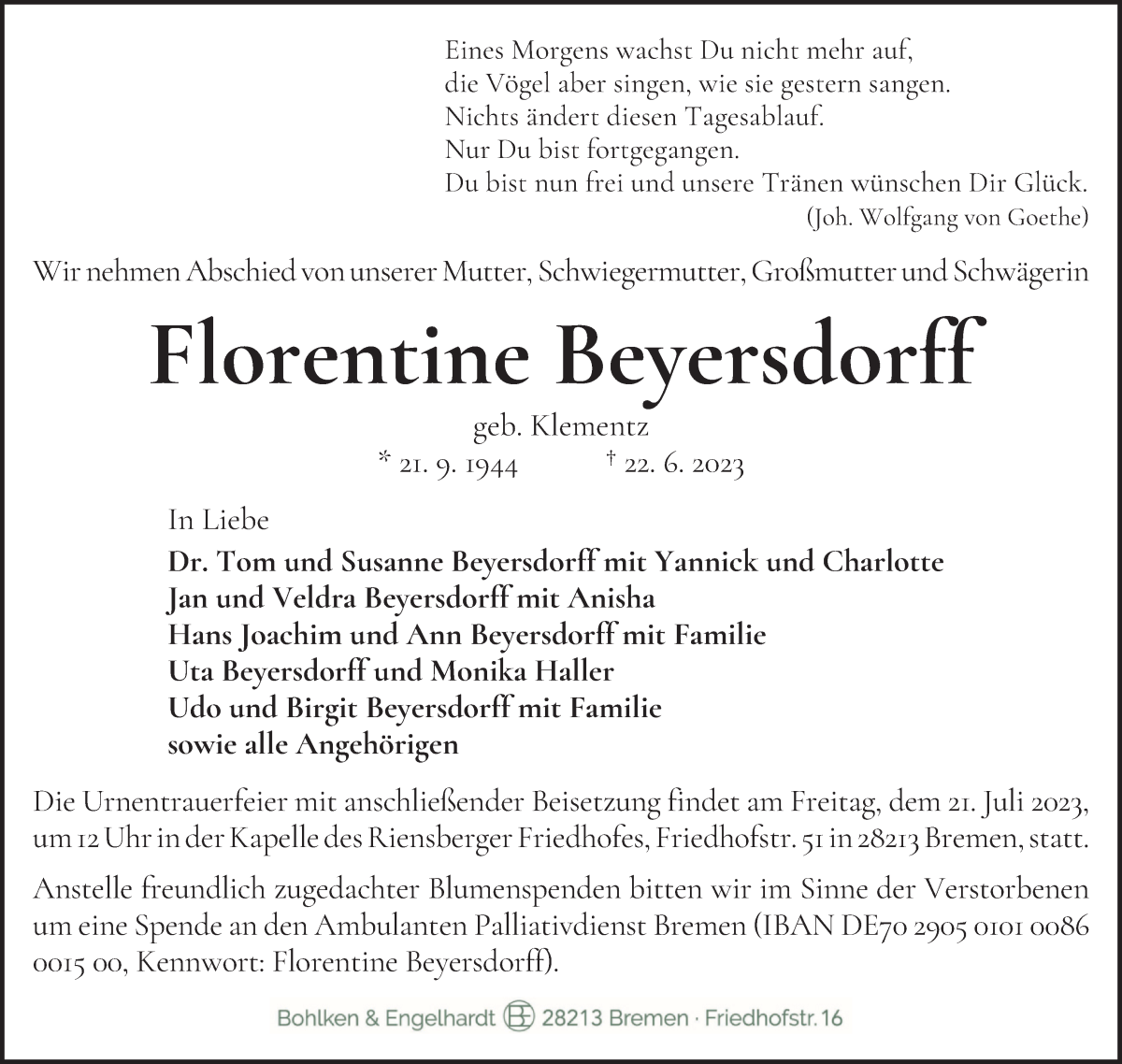Traueranzeige von Florentine Beyersdorff von WESER-KURIER