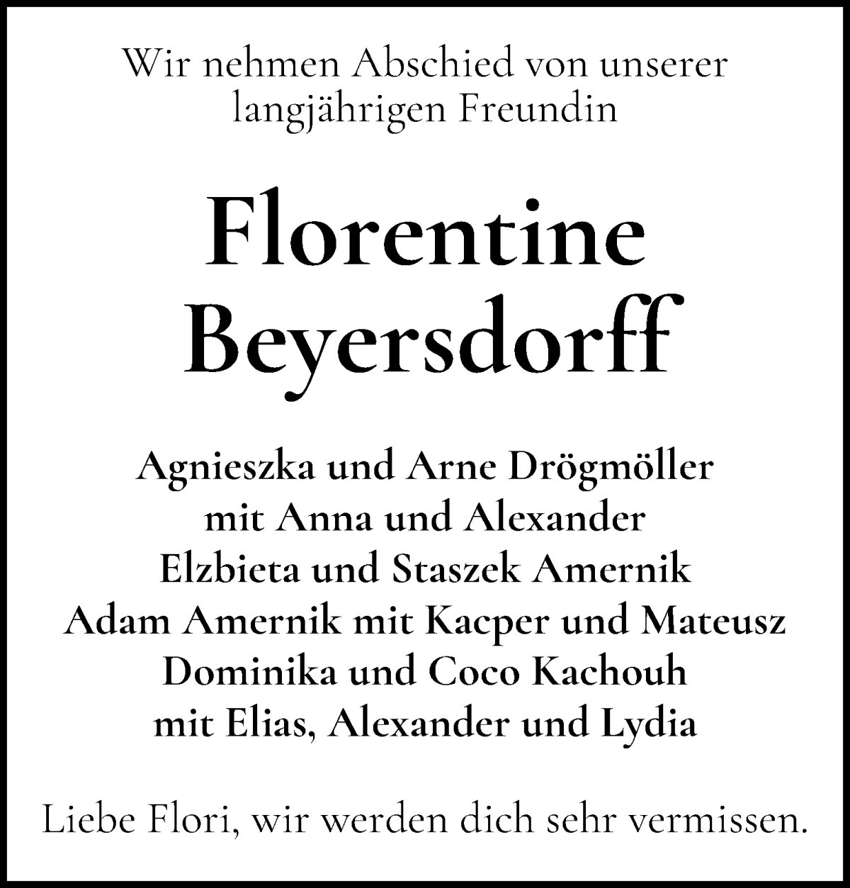 Traueranzeige von Florentine Beyersdorff von WESER-KURIER