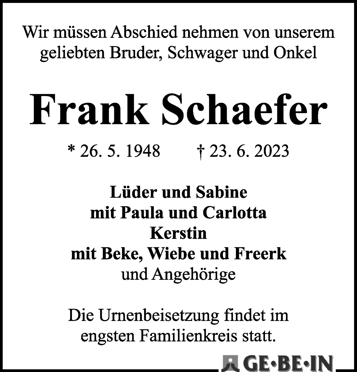 Traueranzeige von Frank Schäfer von WESER-KURIER