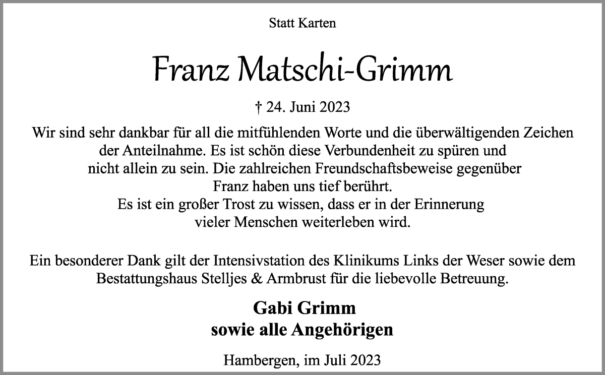 Traueranzeige von Franz Matschi-Grimm von WESER-KURIER