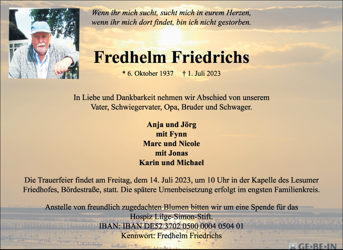 Traueranzeige von Fredhelm Friedrichs von WESER-KURIER