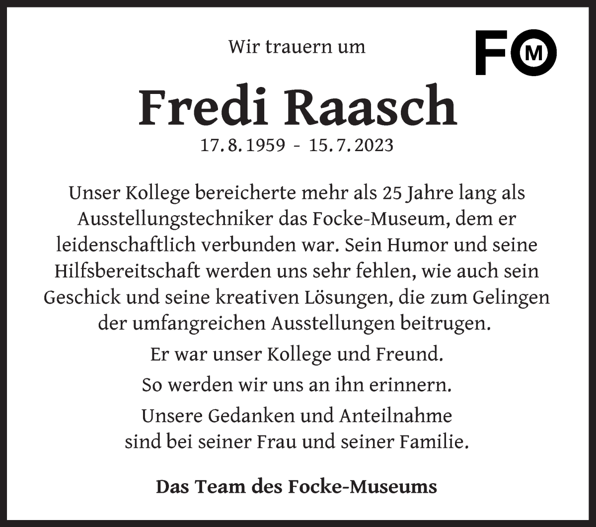 Traueranzeige von Fredi Raasch von WESER-KURIER