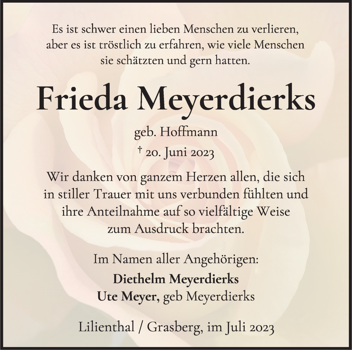 Traueranzeige von Frieda Meyerdierks von Wuemme Zeitung