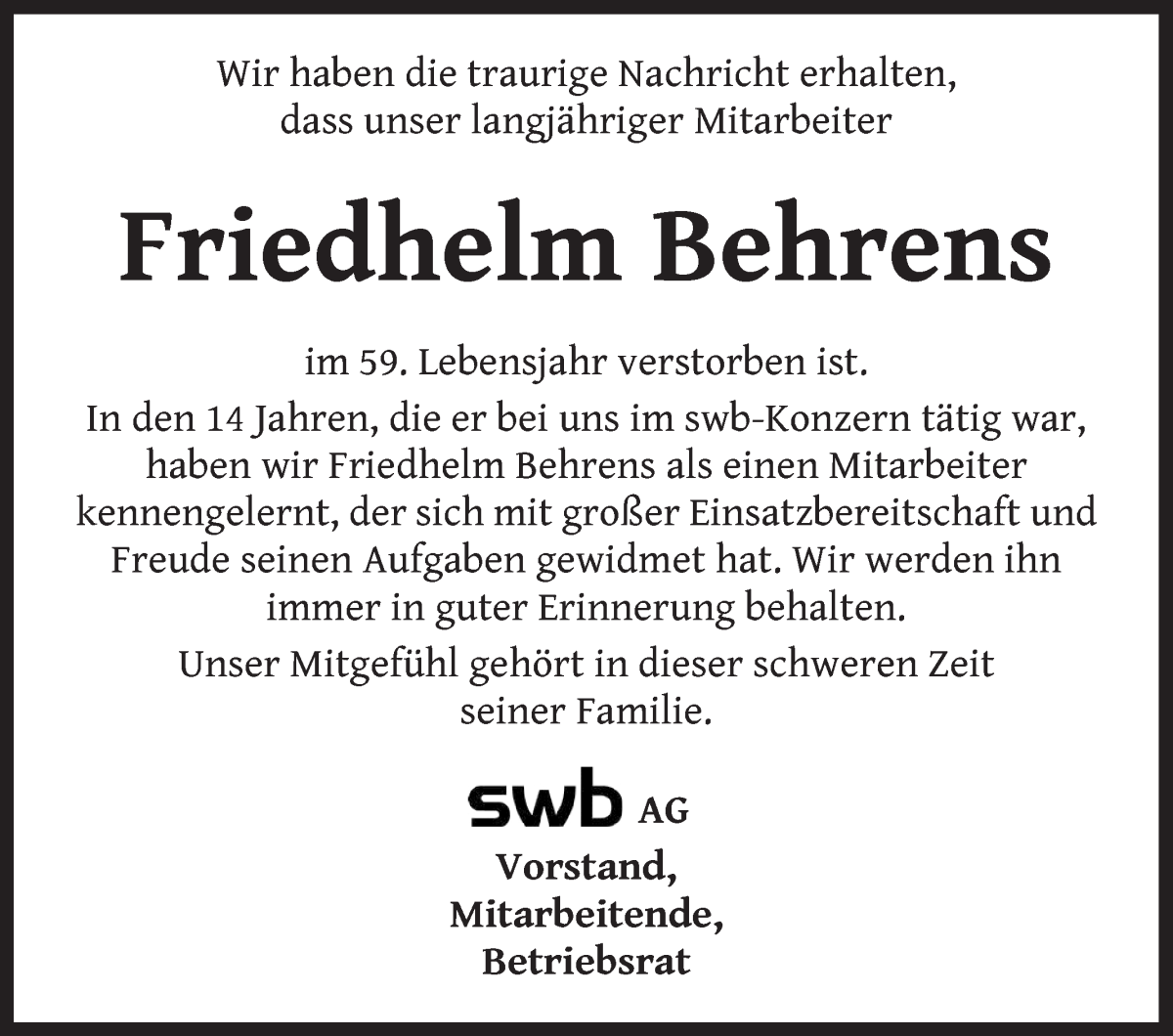 Traueranzeige von Friedhelm Behrens von WESER-KURIER