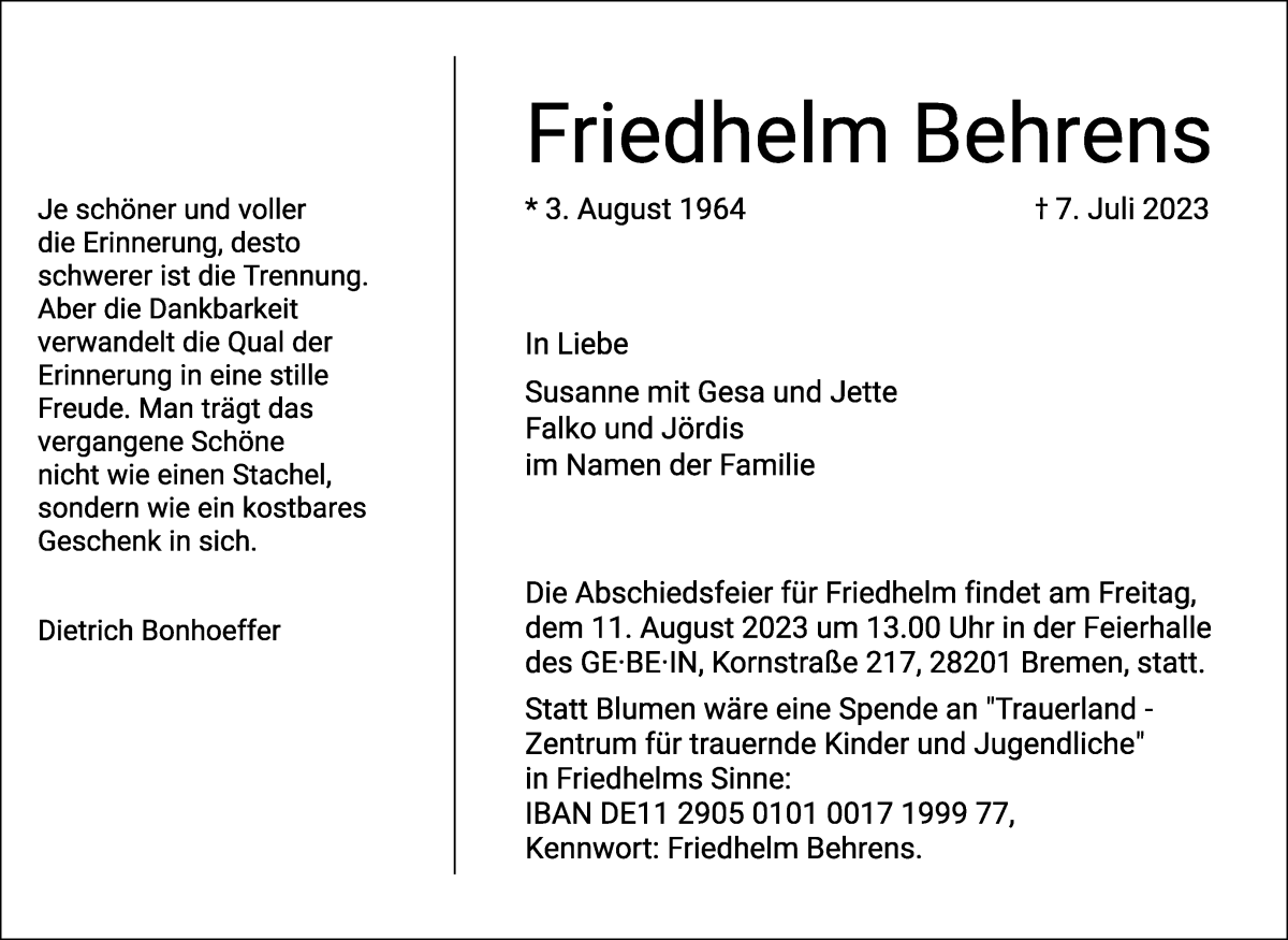 Traueranzeige von Friedhelm Behrens von WESER-KURIER