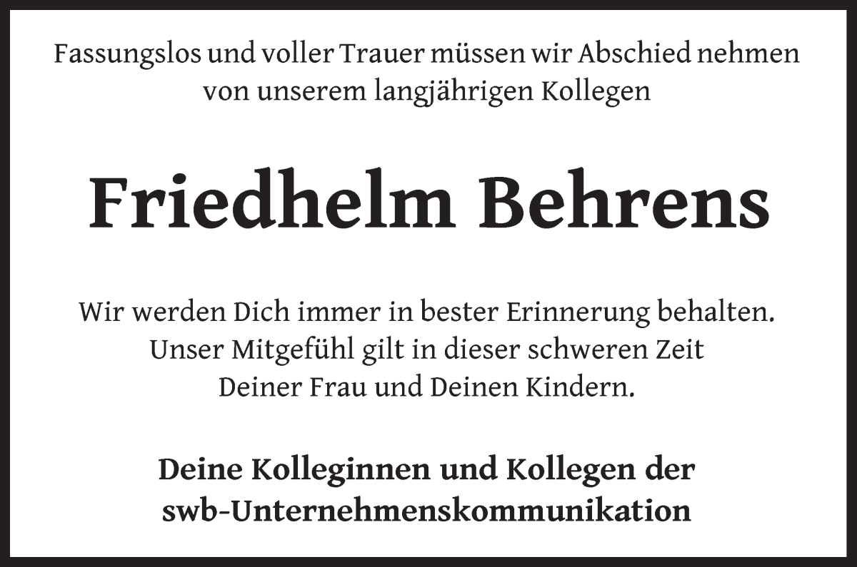 Traueranzeige von Friedhelm Behrens von WESER-KURIER