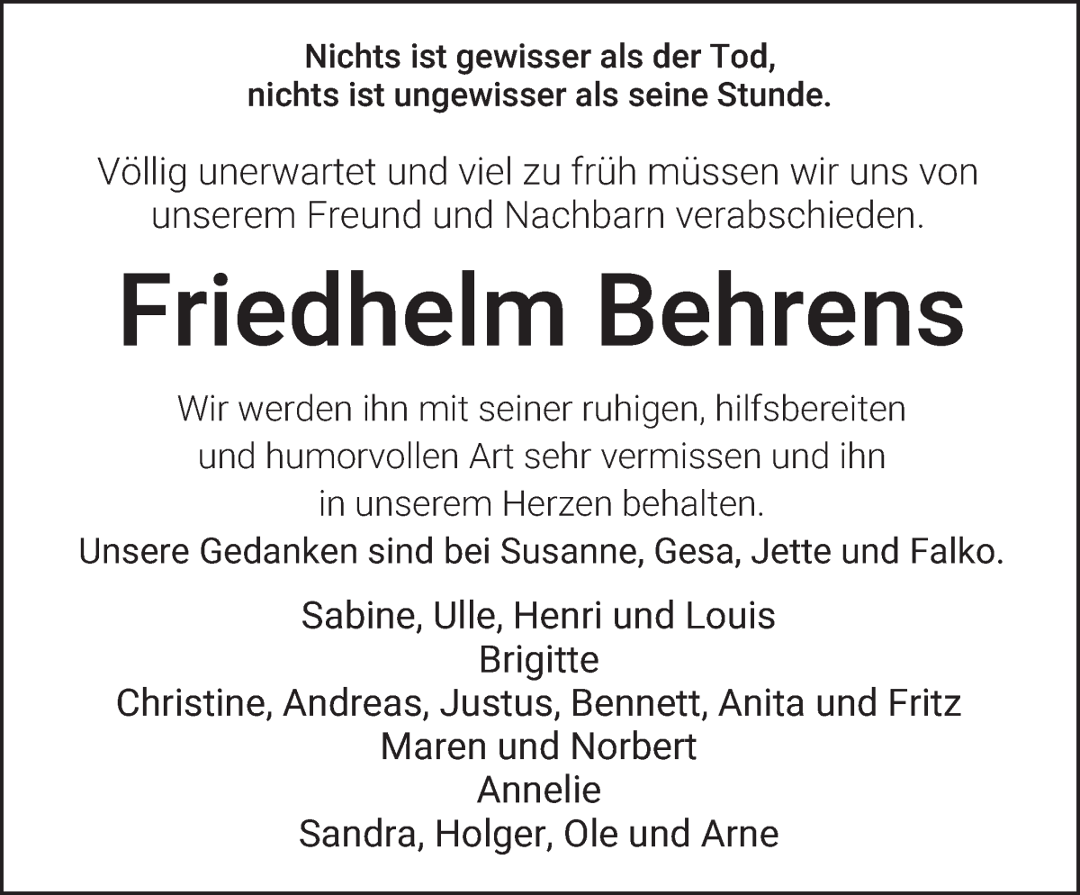 Traueranzeige von Friedhelm Behrens von WESER-KURIER