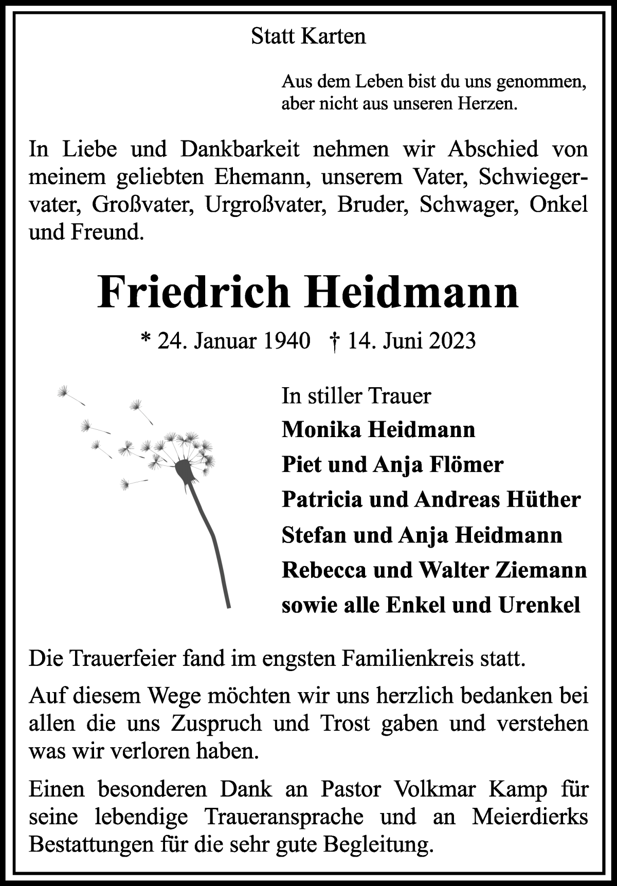 Traueranzeige von Friedrich Heidmann von Wuemme Zeitung