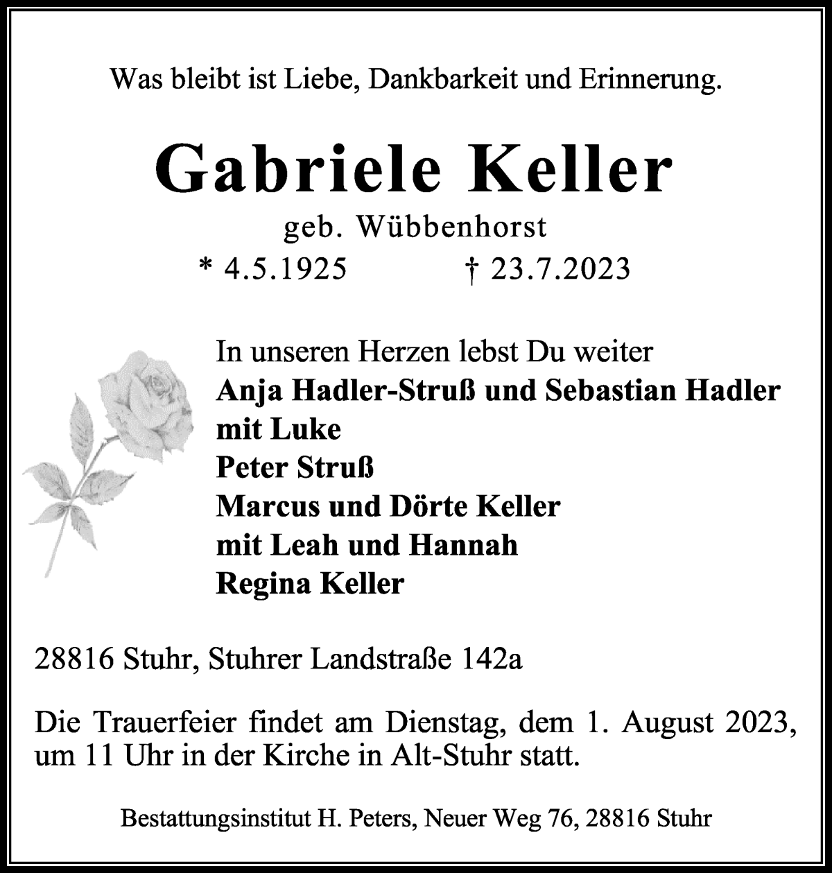 Traueranzeige von Gabriele Keller von WESER-KURIER